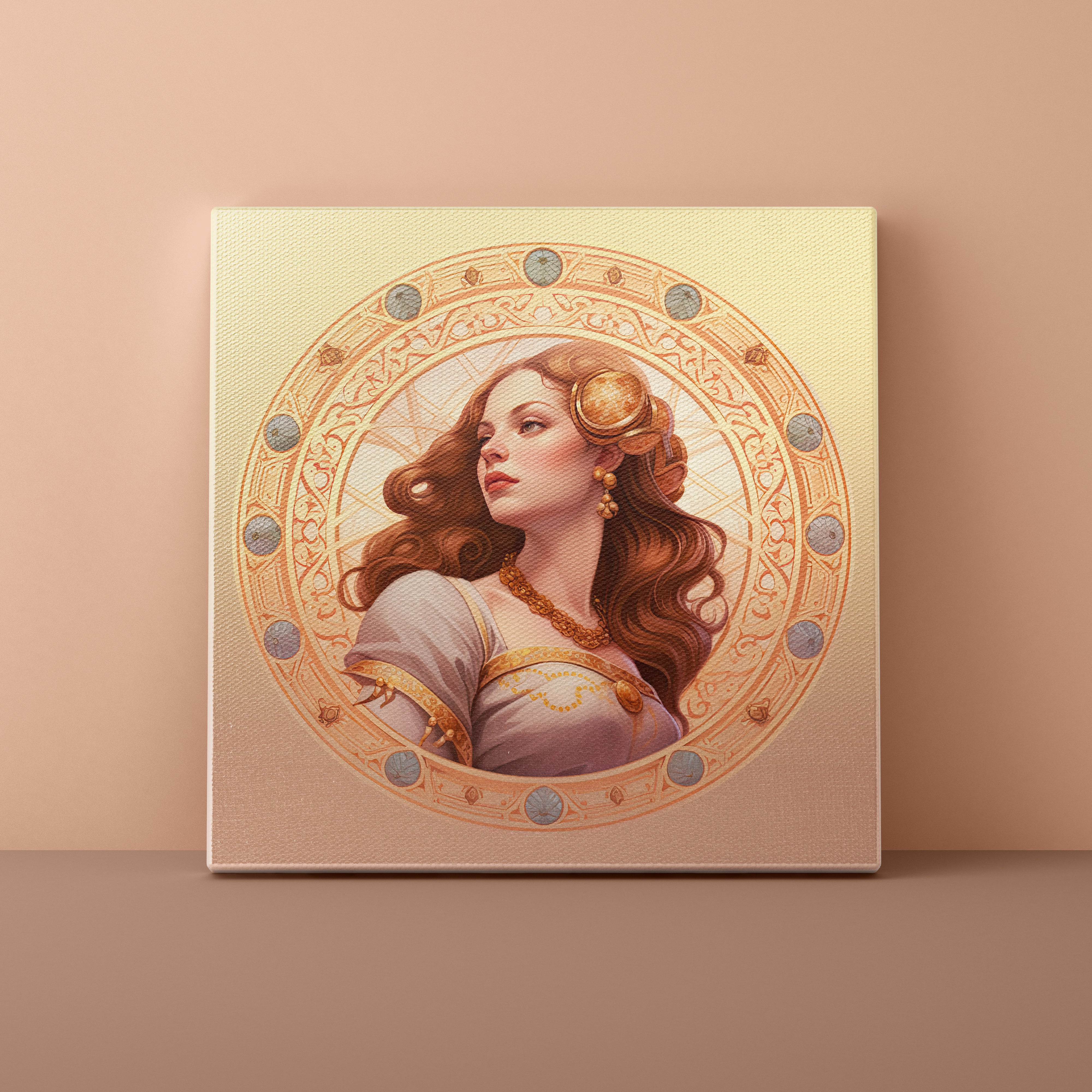 Canvas print of a woman's portrait with decorative elements on a beige background