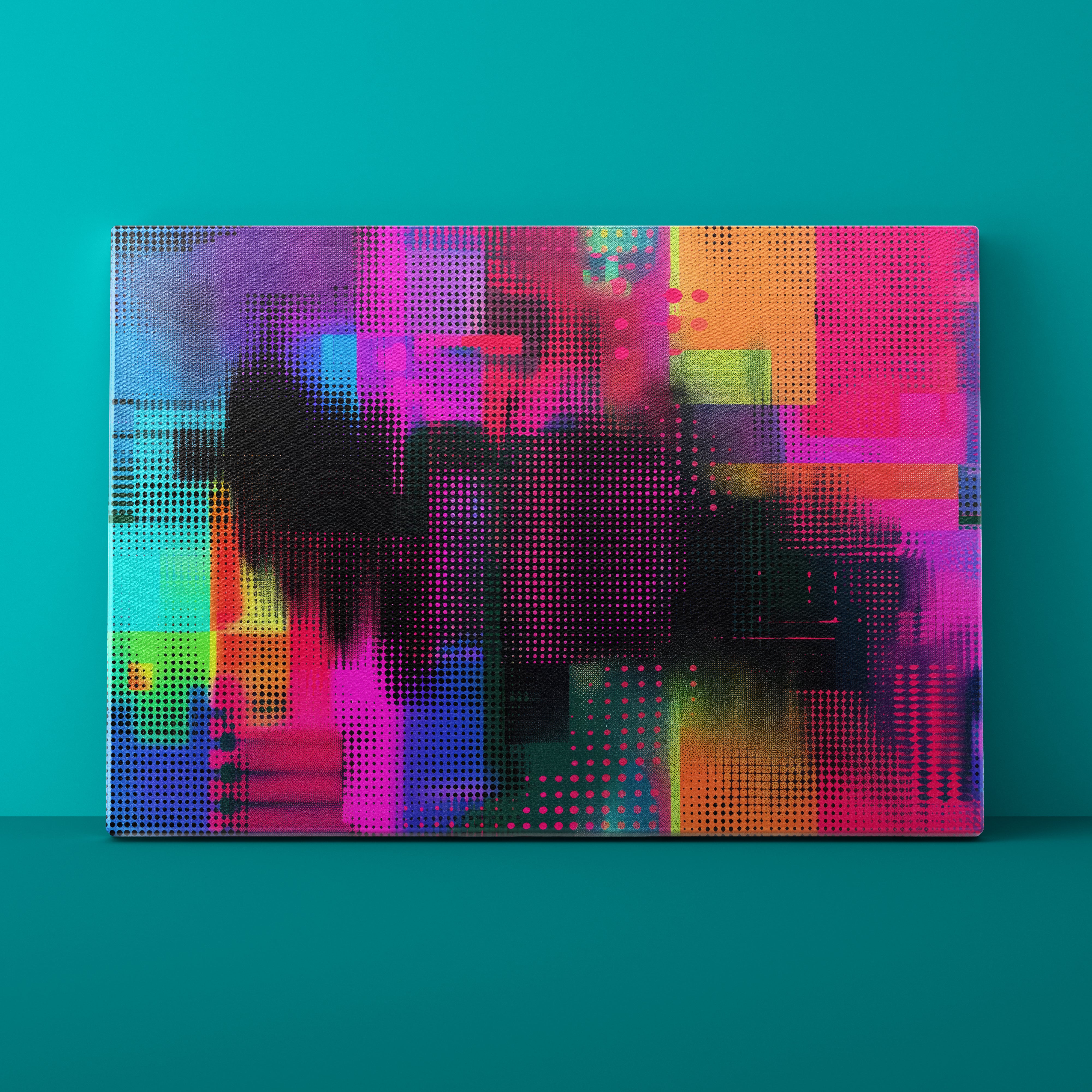Colorful abstract art piece on a teal background
