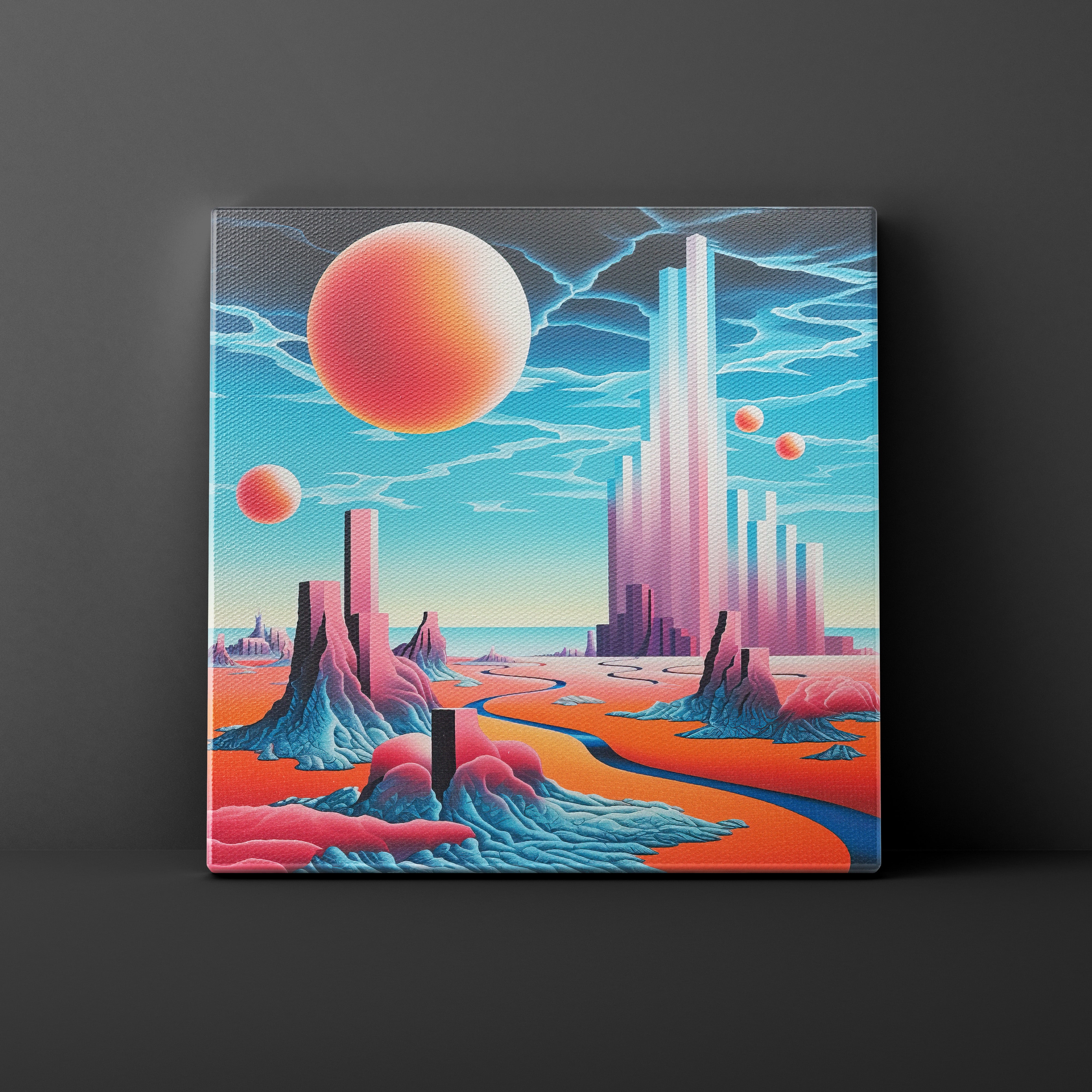 Futuristic landscape with tall buildings and a large planet in the sky on a dark gray background