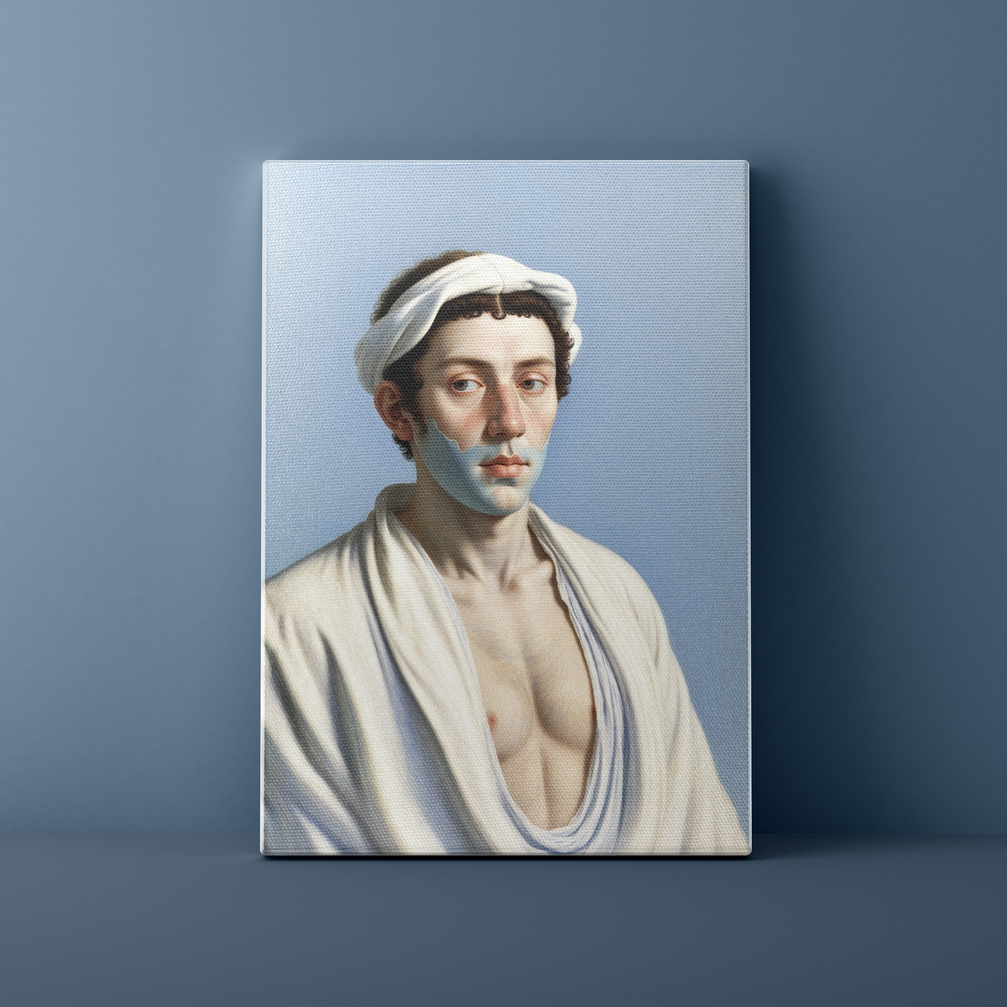 Canvas print of a classical painting of a shirtless man with a white headband against a blue background