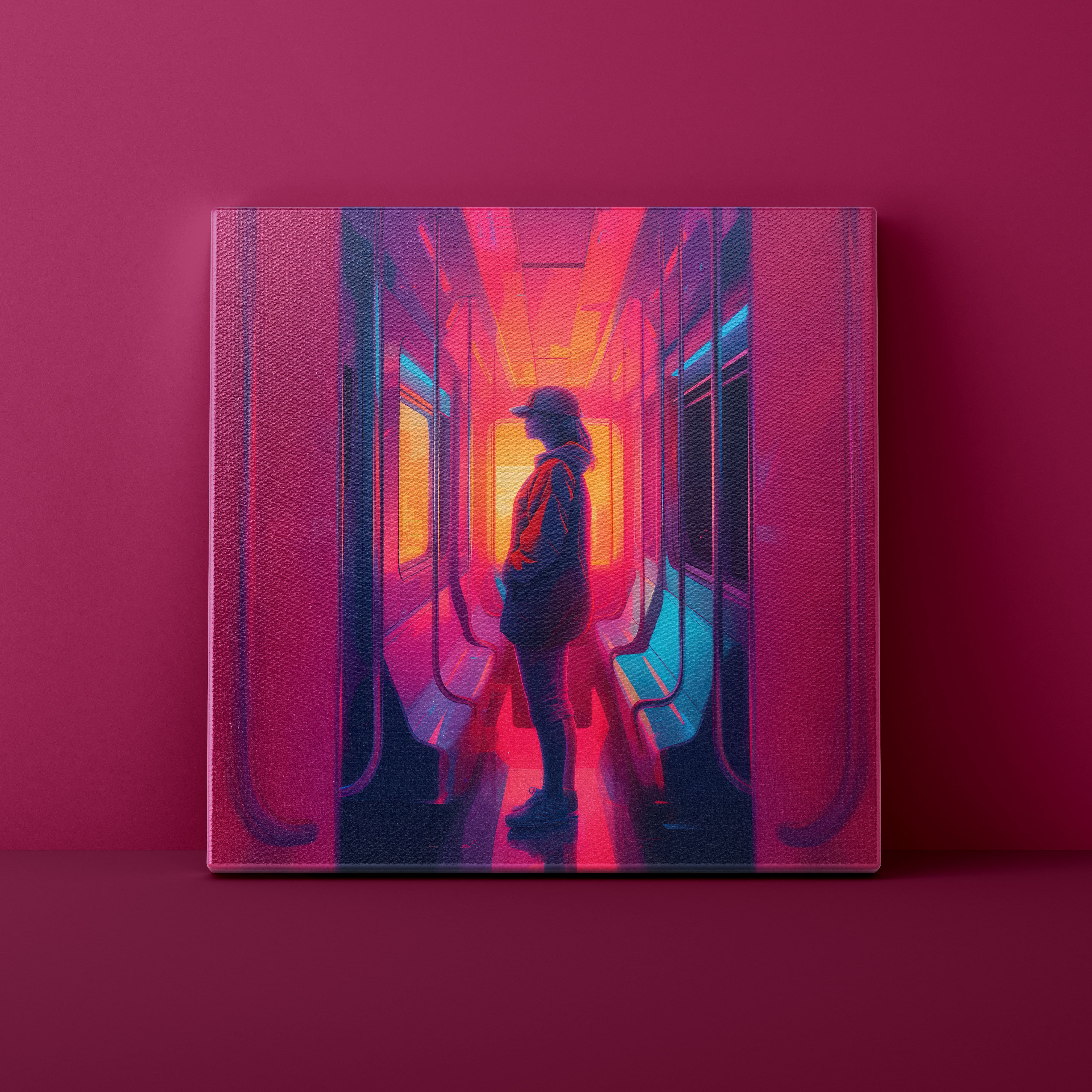 Person standing in a futuristic train车厢 with vibrant pink and blue lighting on a red background