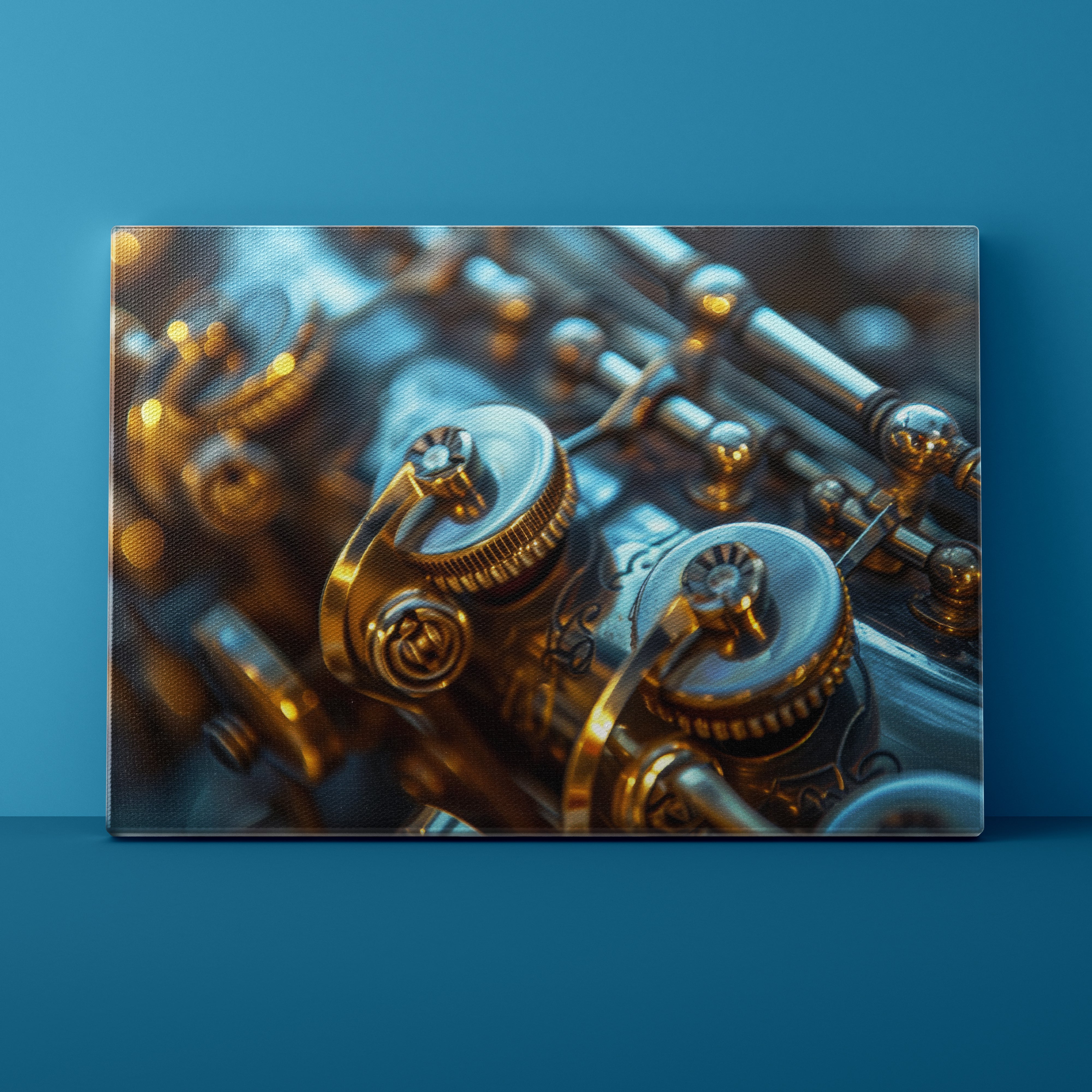 Close-up of a mechanical object with intricate details on a blue background