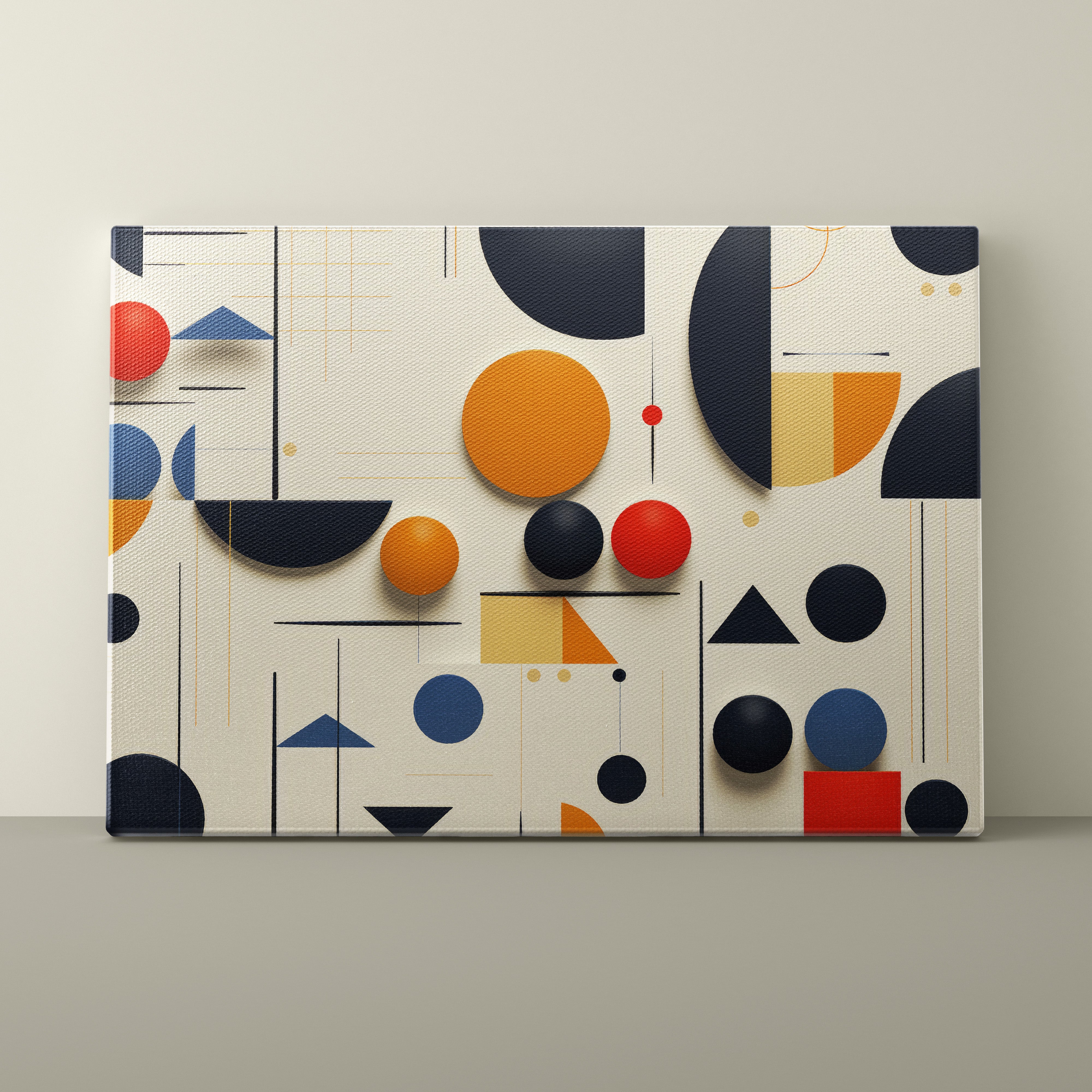 Abstract geometric wall art with colorful shapes on a beige background