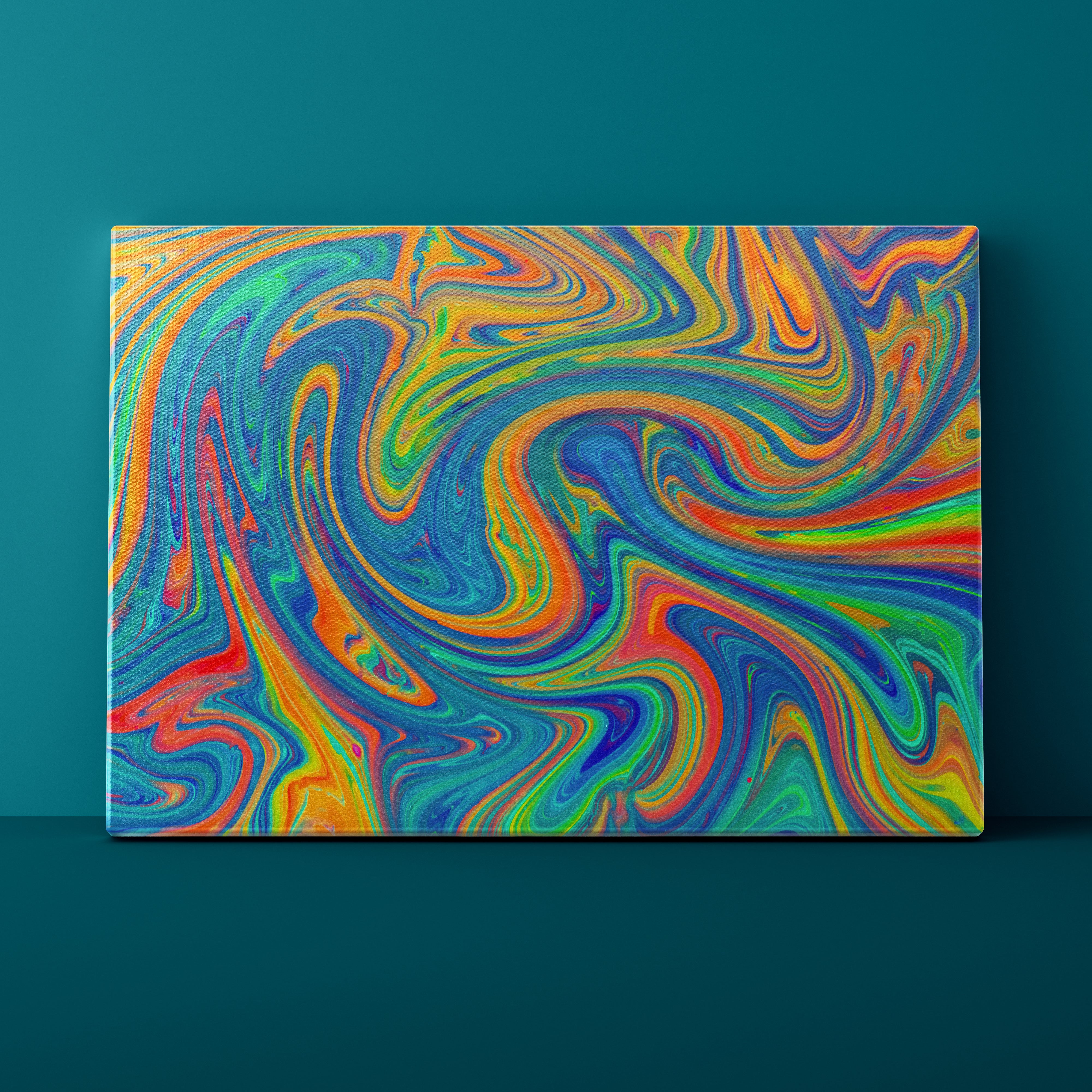 Colorful abstract swirl pattern on a teal background