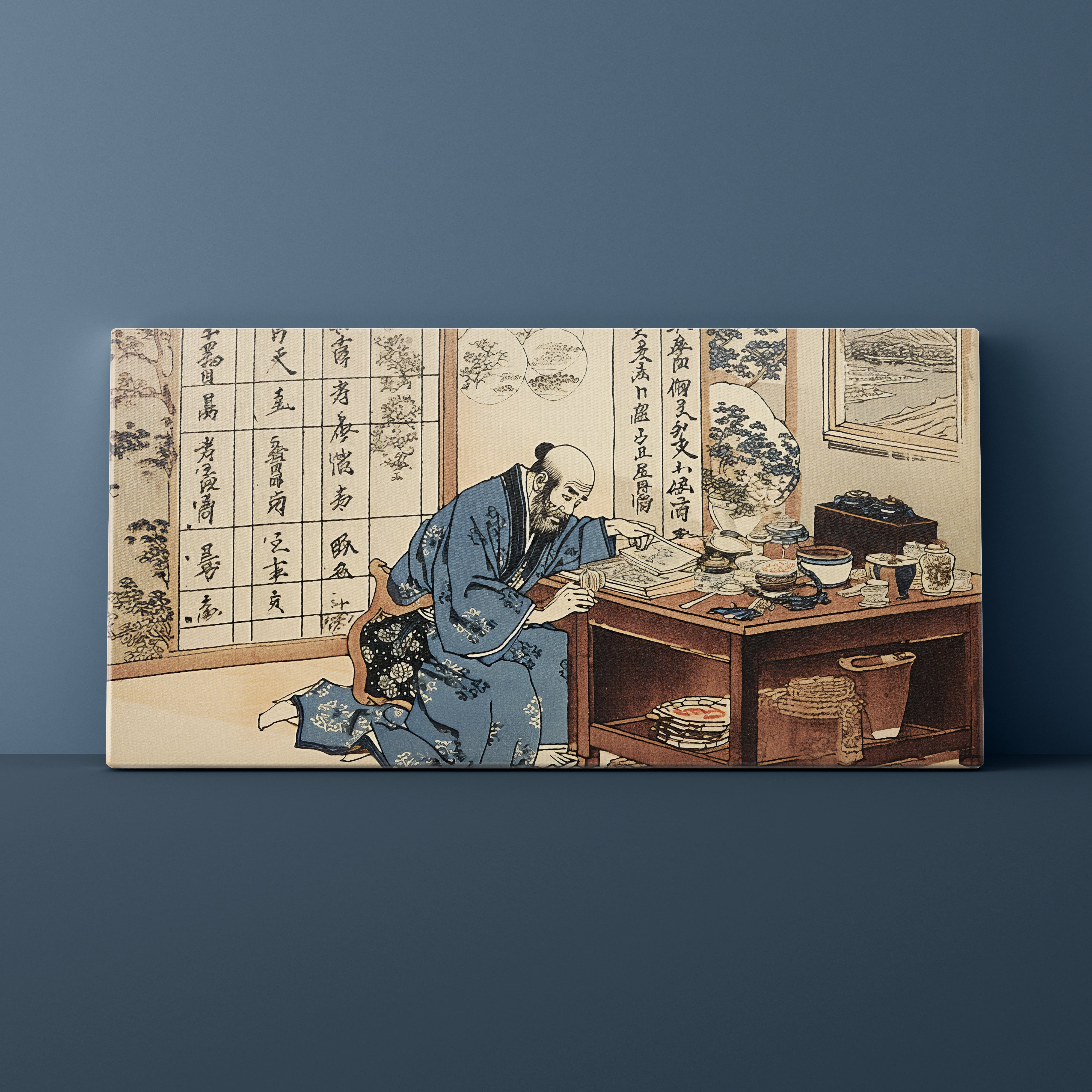 Canvas print of a traditional Japanese scene with a scholar at a desk against a dark blue wall.