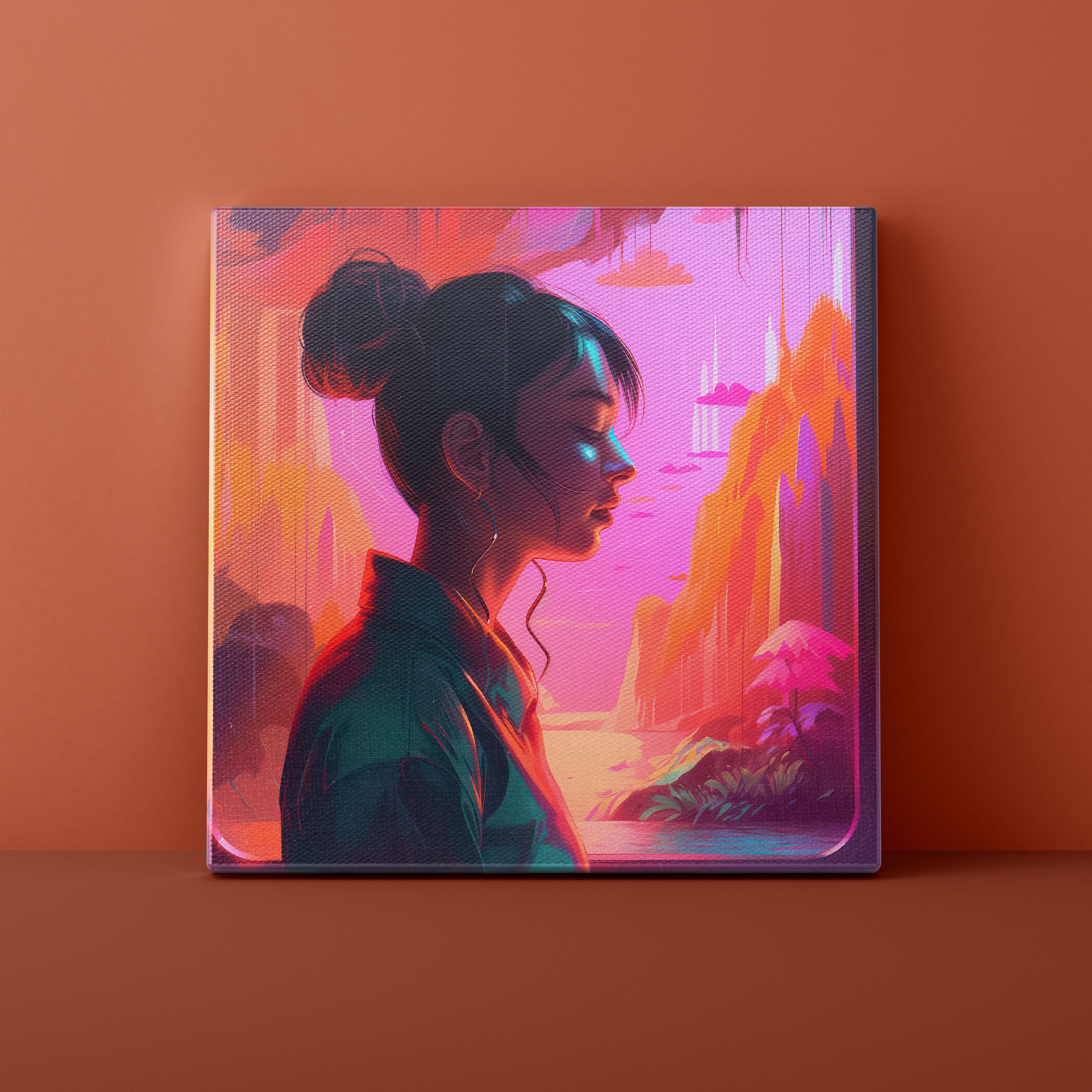 Canvas print of a woman with a futuristic cityscape in the background on an orange wall.