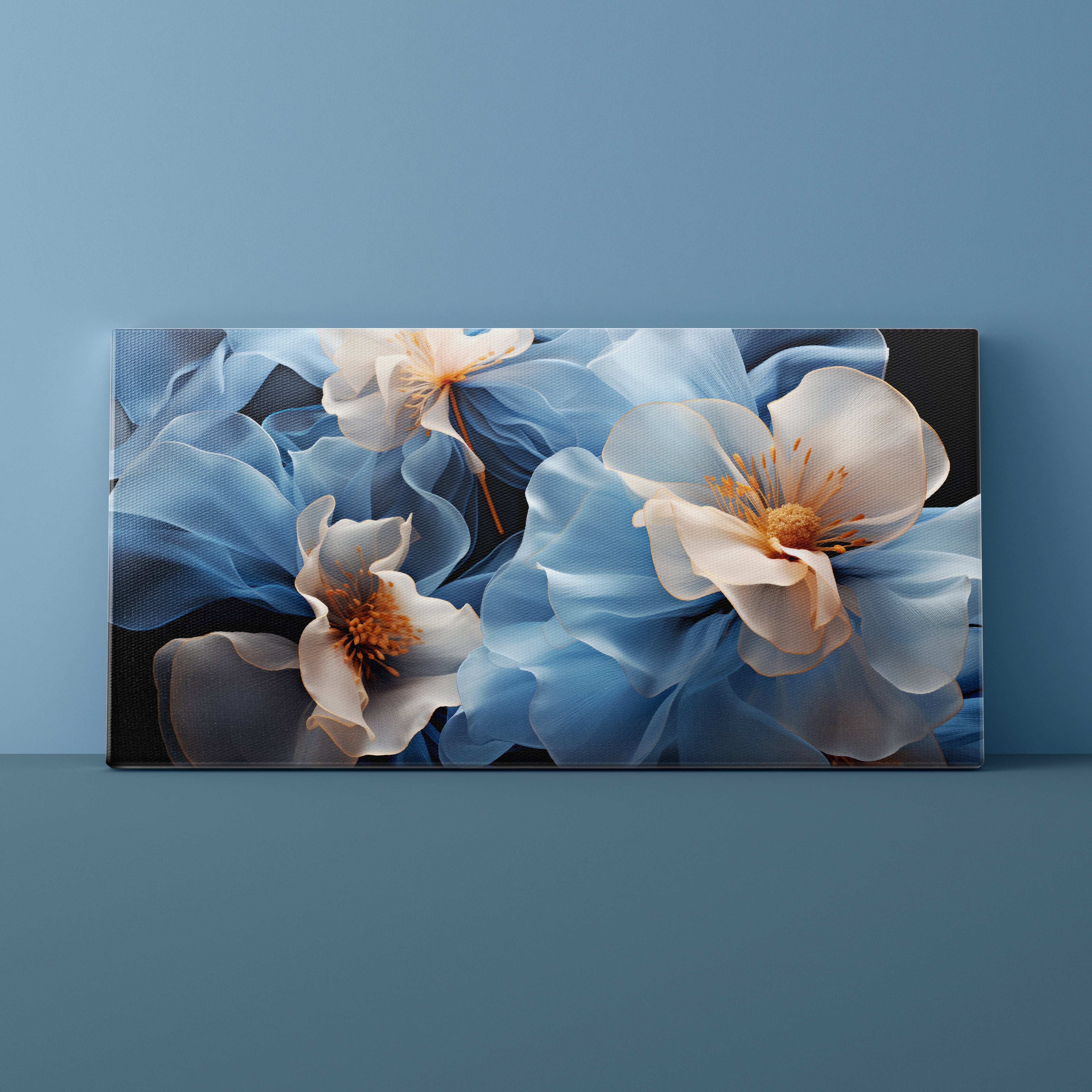 Floral artwork on a blue wall
