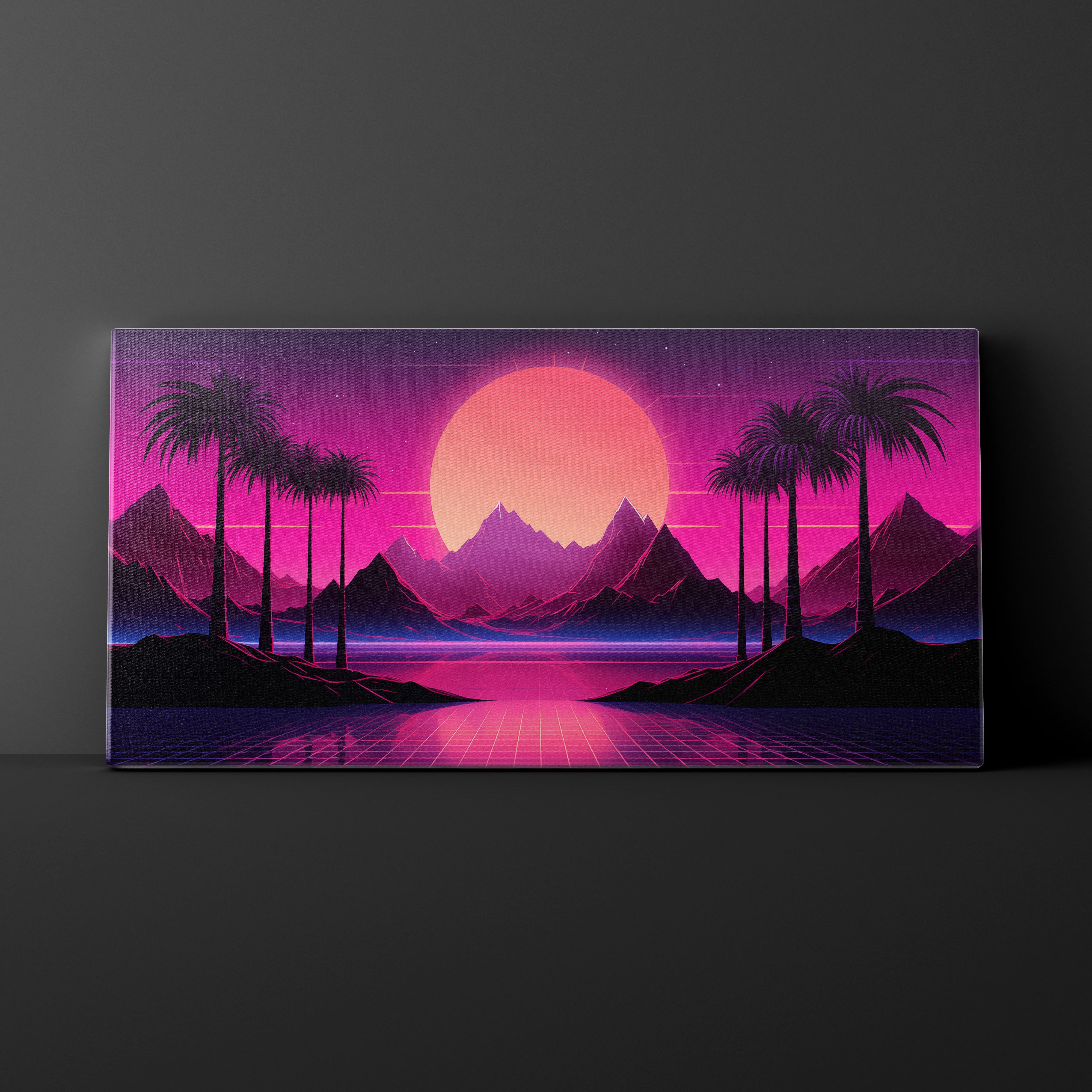 Canvas print with a futuristic landscape featuring palm trees, mountains, and a pink sun on a dark background.