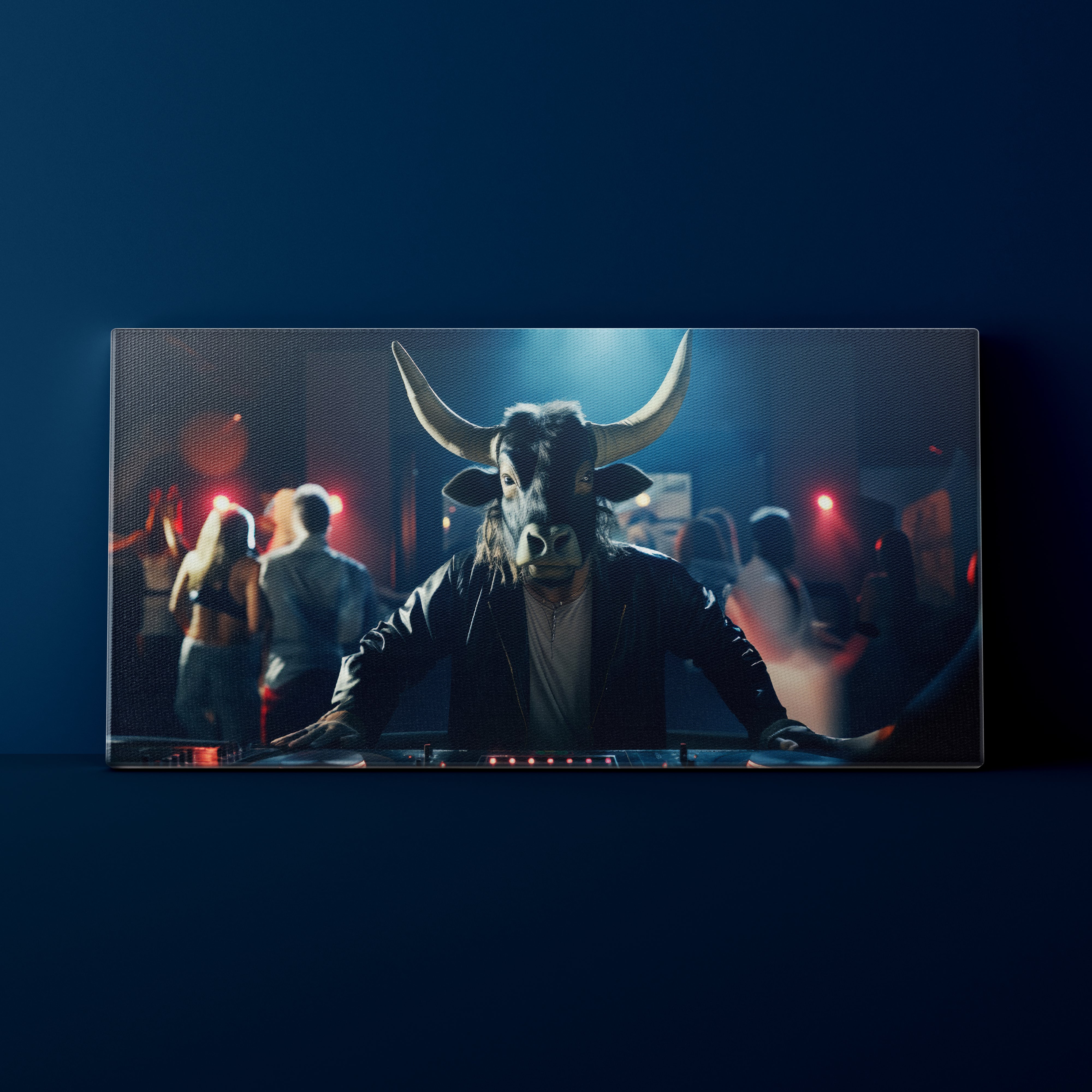 Person wearing a bull mask at a party with blue lighting