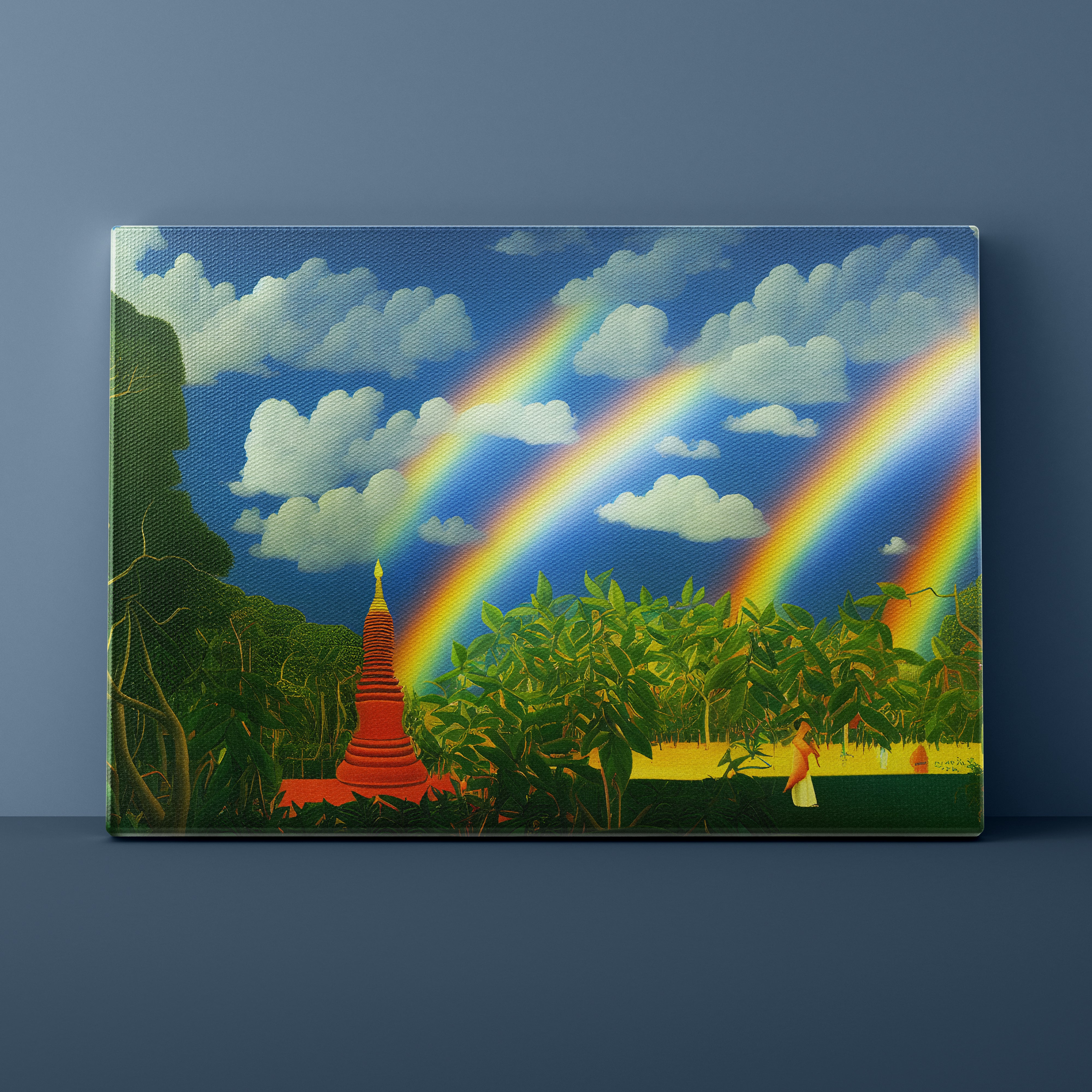 Colorful landscape with a temple, rainbow, and people in a tropical setting