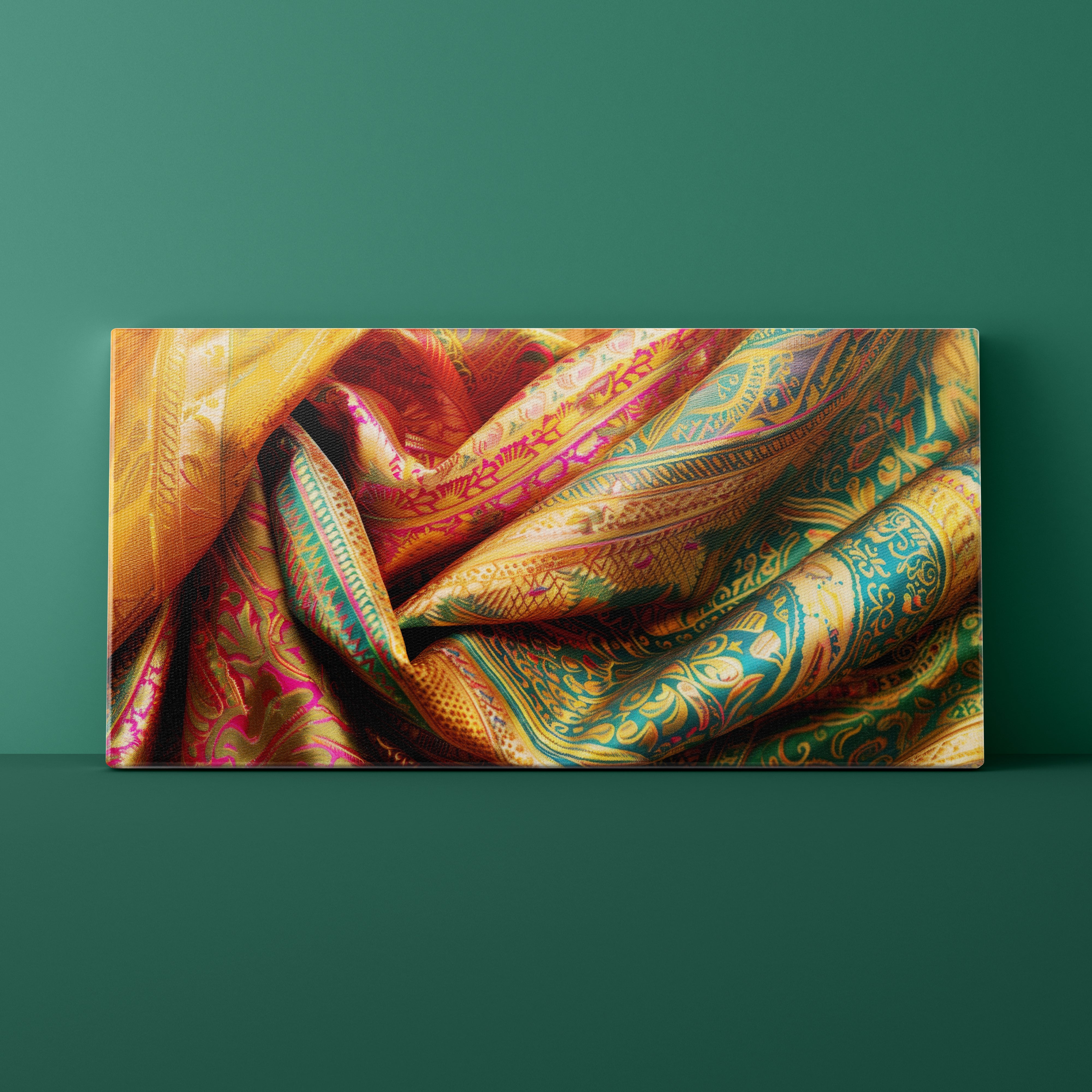 Colorful patterned fabric on a green background