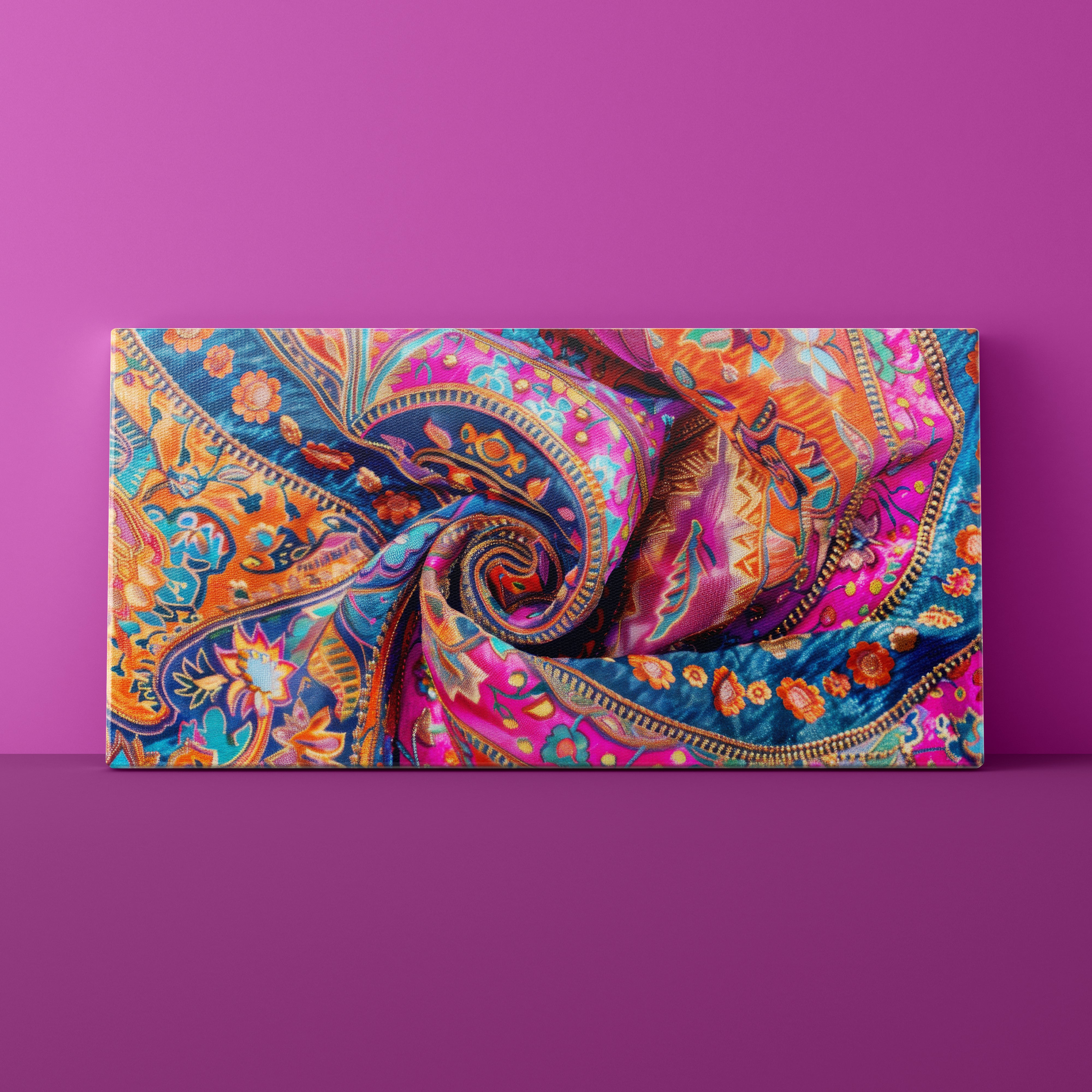 Colorful paisley-patterned clutch bag on a purple background