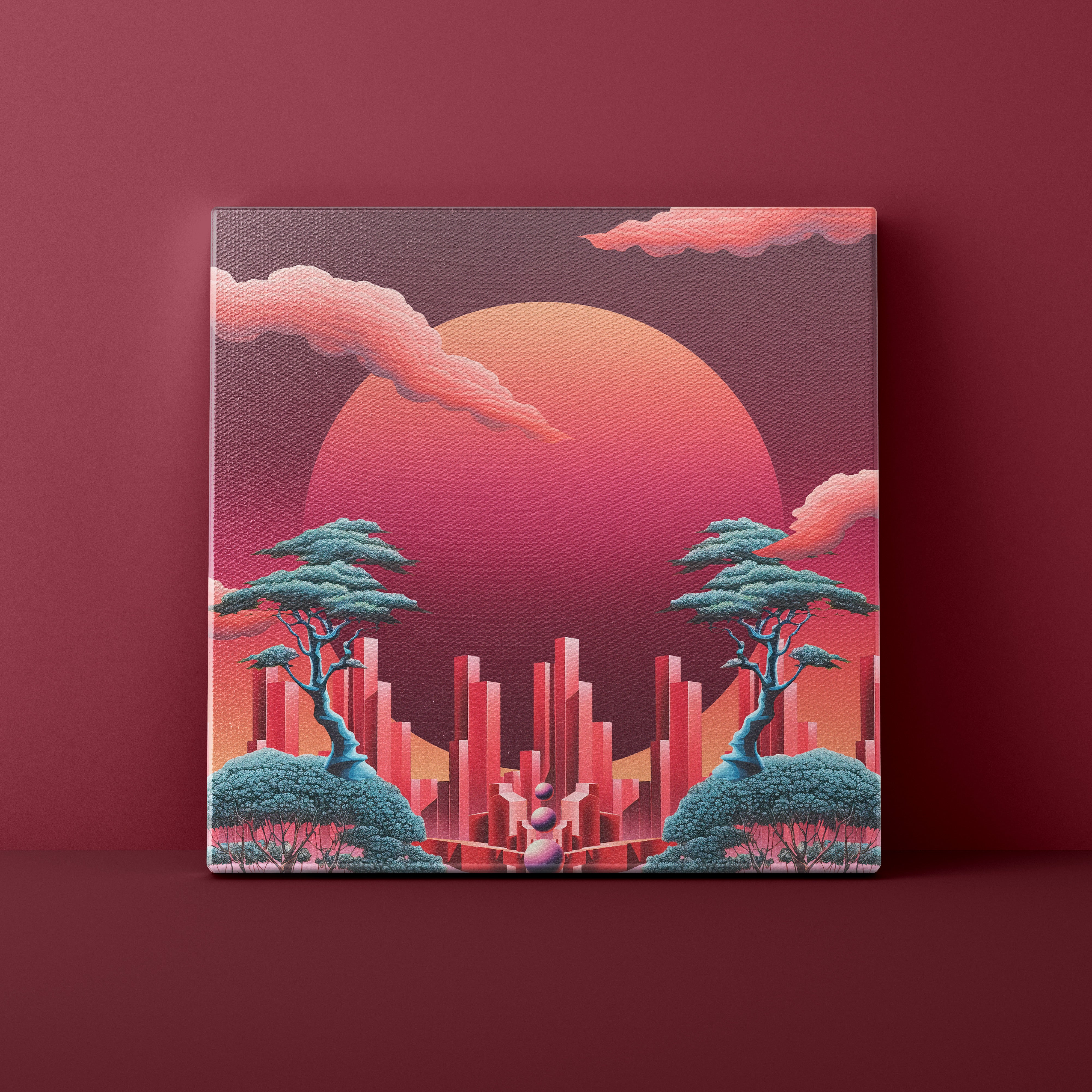 Canvas print with a futuristic cityscape and trees against a pink and orange sky.