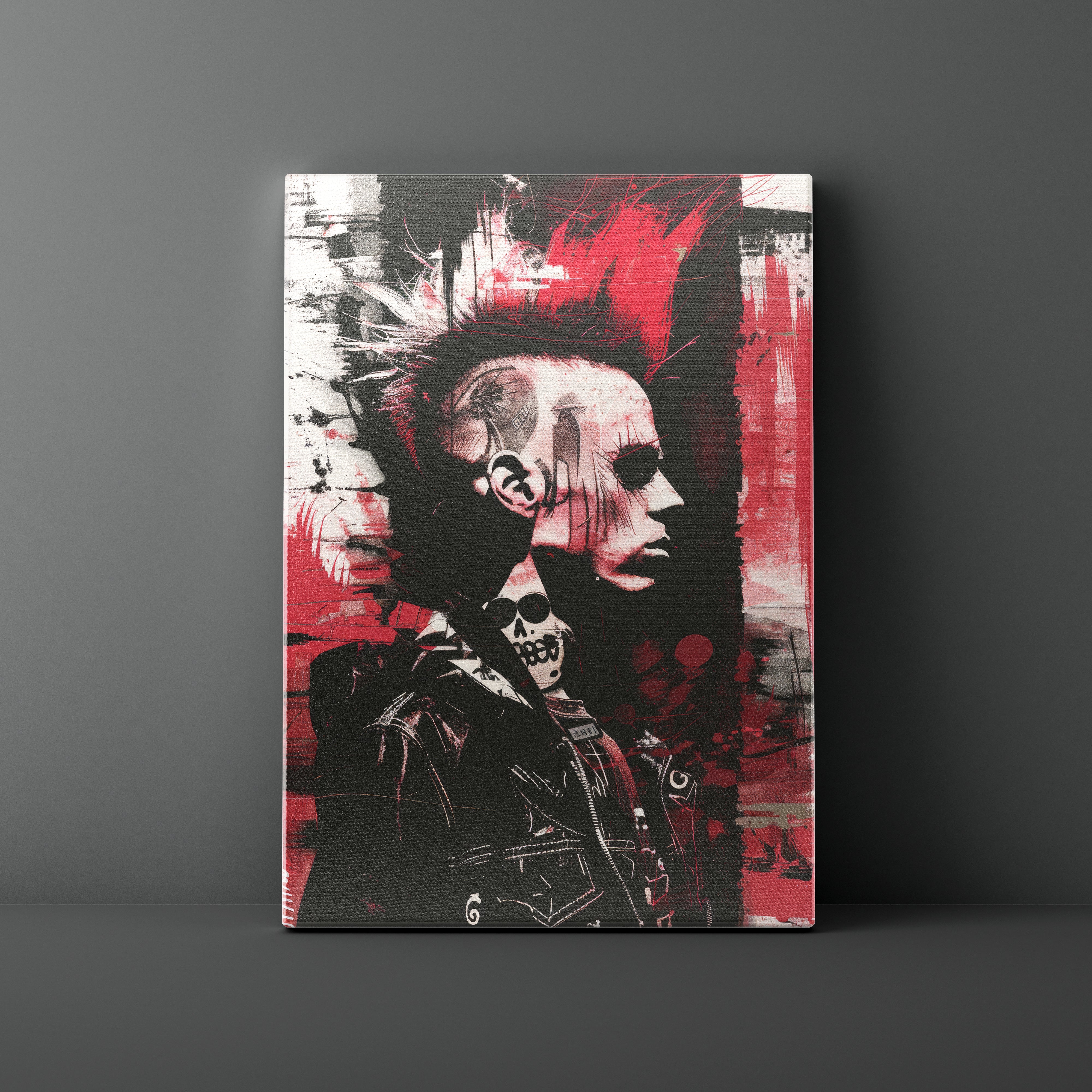 Canvas print with a stylized portrait and abstract design on a gray background