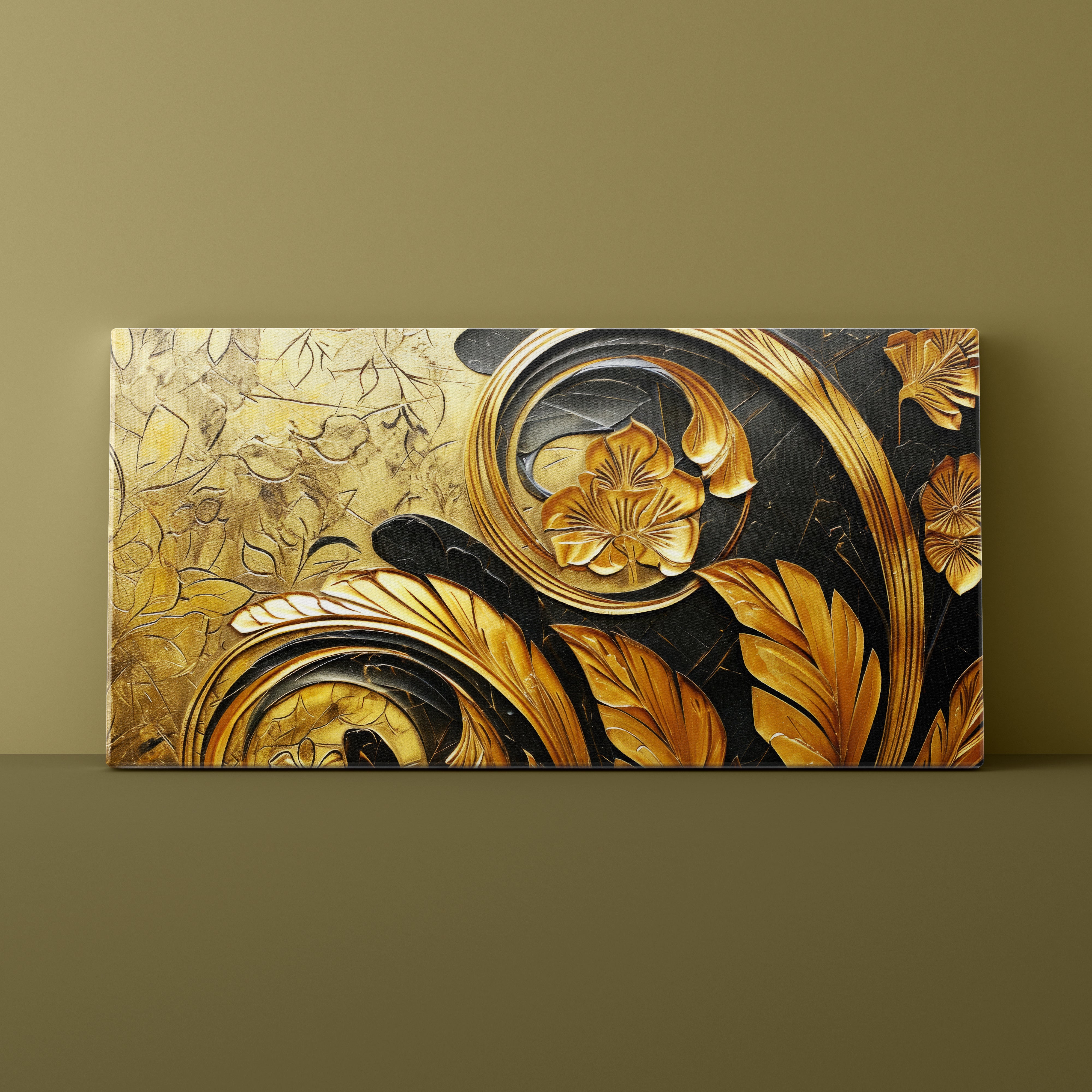 Decorative wall art with gold and black floral design on a brown background