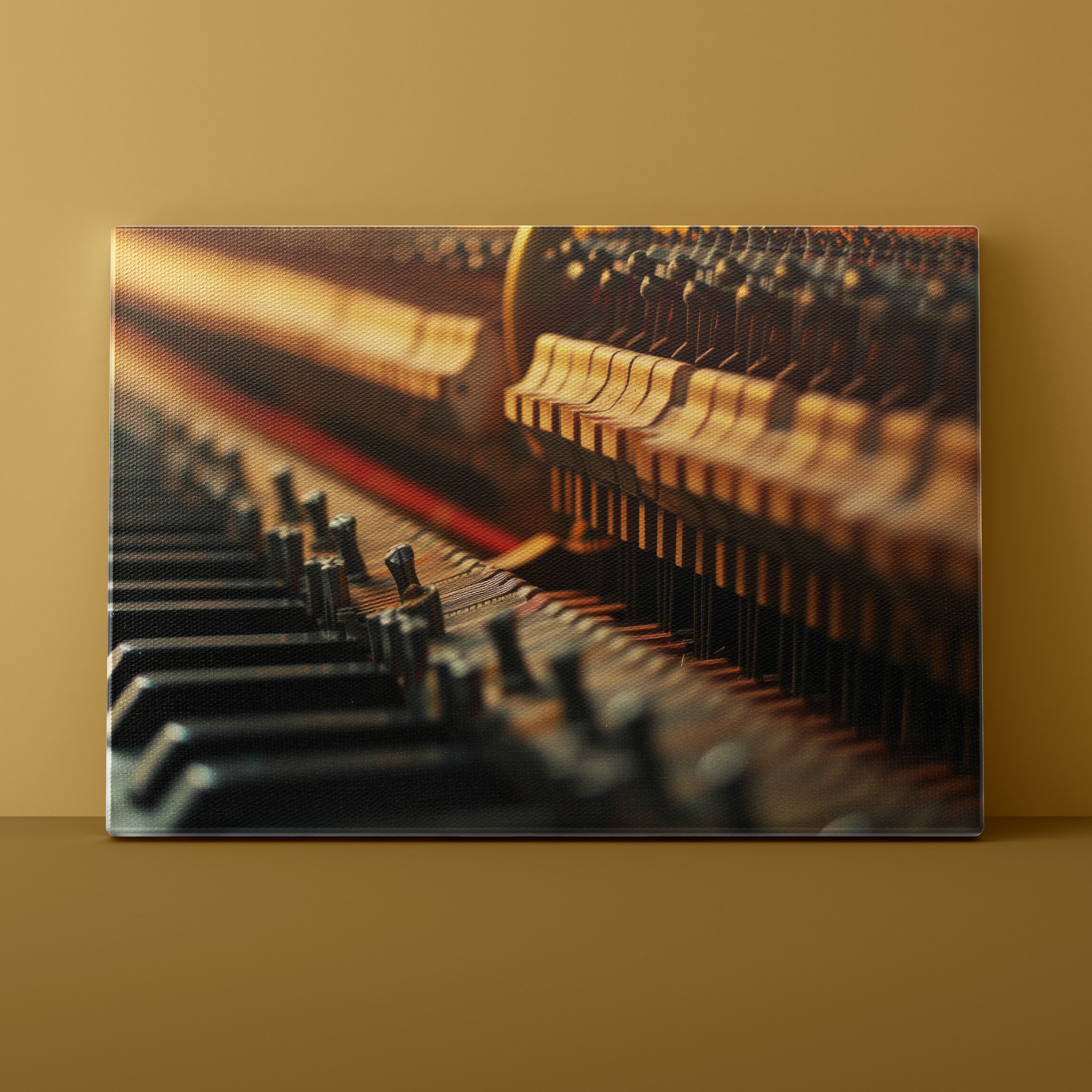 Close-up of a piano keyboard with a warm color tone on a matching background