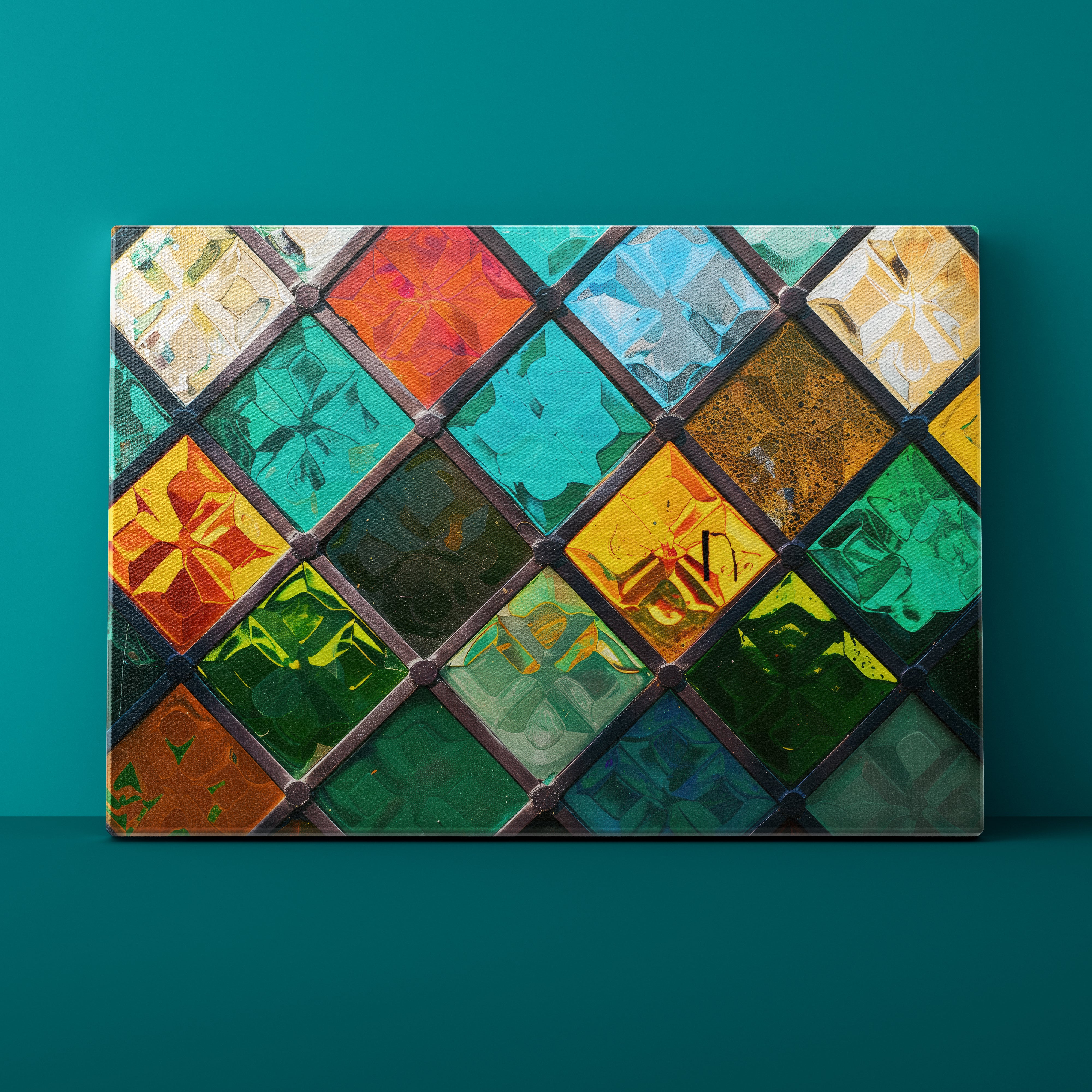 Colorful diamond patterned wall art on a teal background