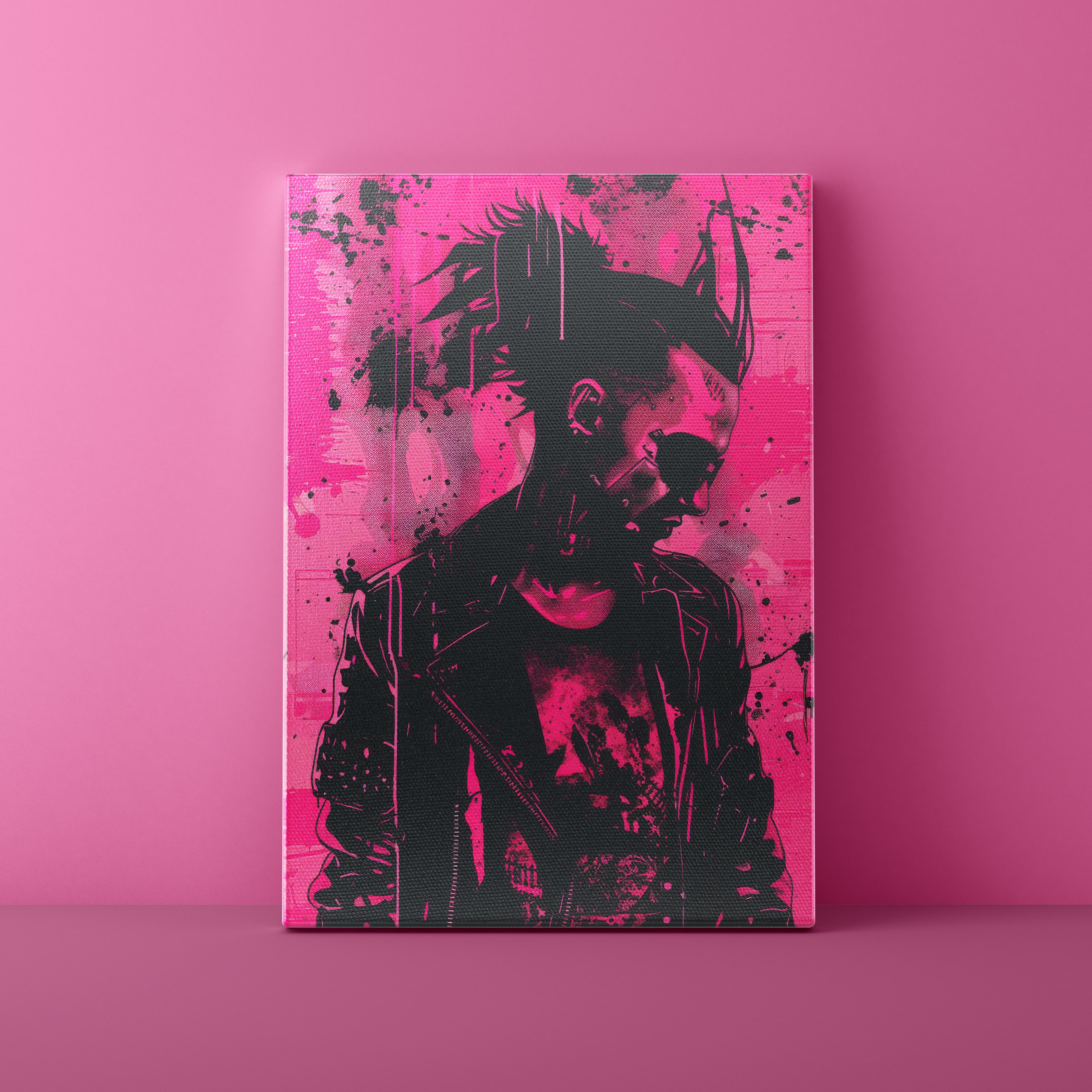 Canvas print with a black and white graphic of a person against a pink background