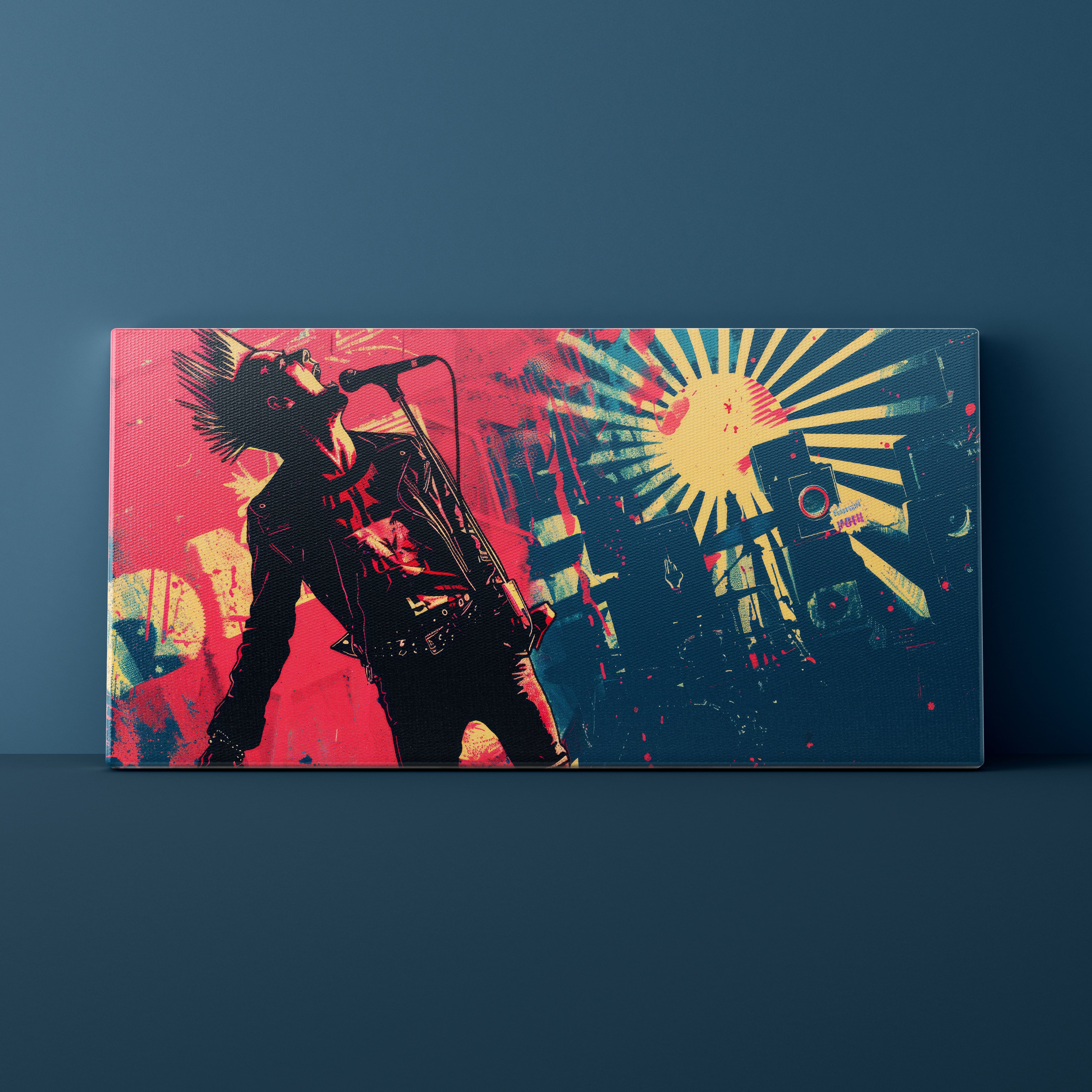 Colorful artwork of a musician with instruments on a dark blue background