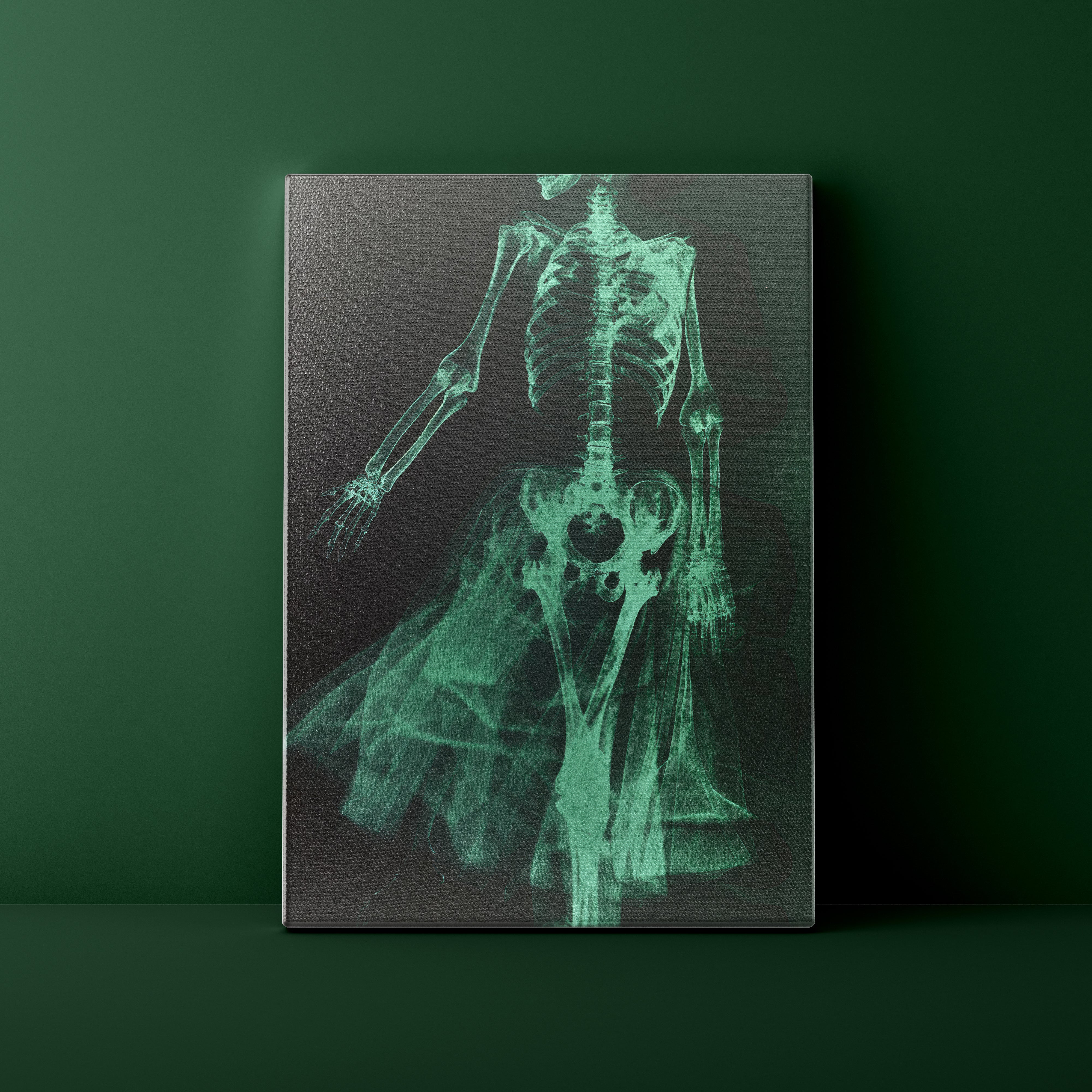 X-ray image of a human skeleton on a dark green background