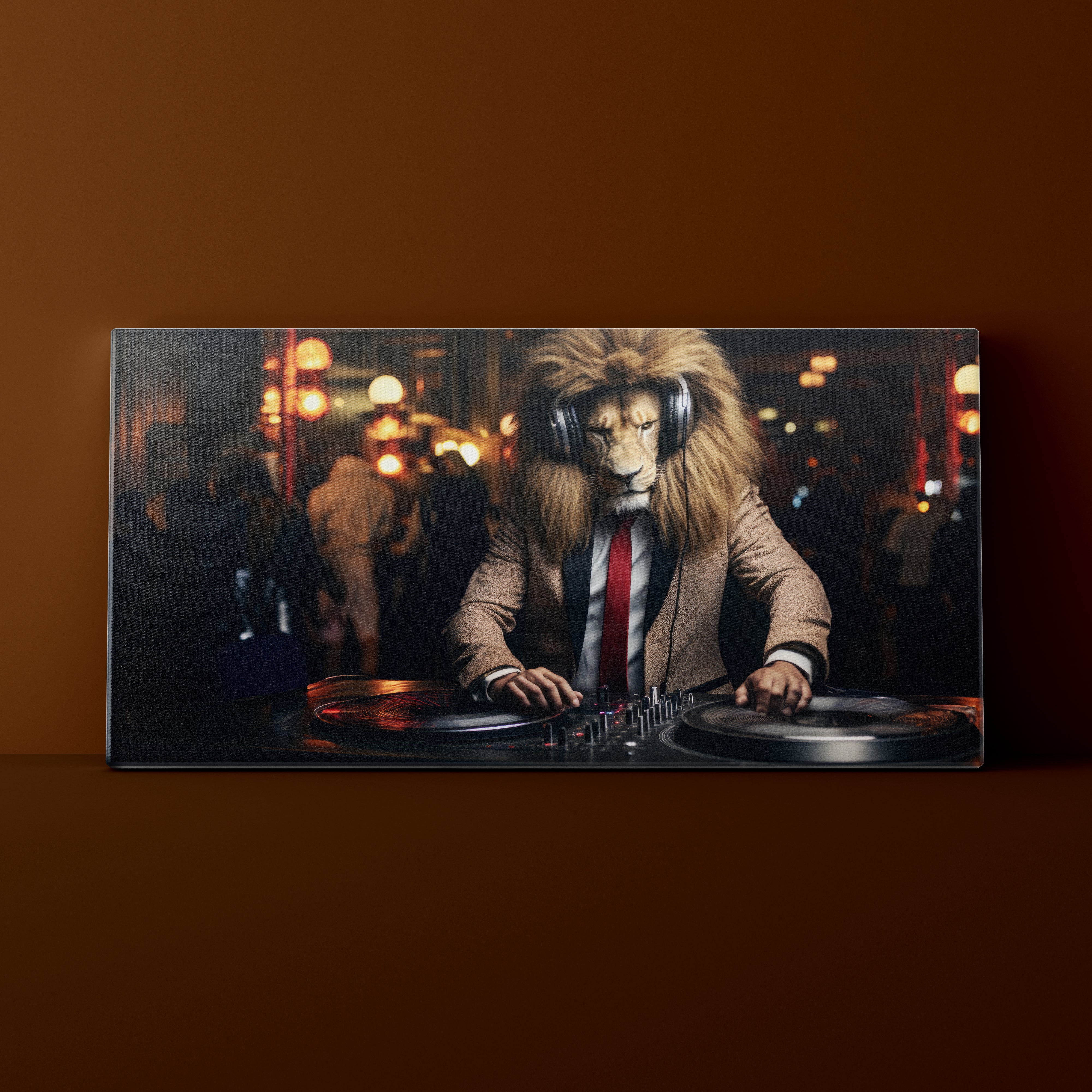 Person wearing a lion head mask and suit operating DJ equipment in a club setting.