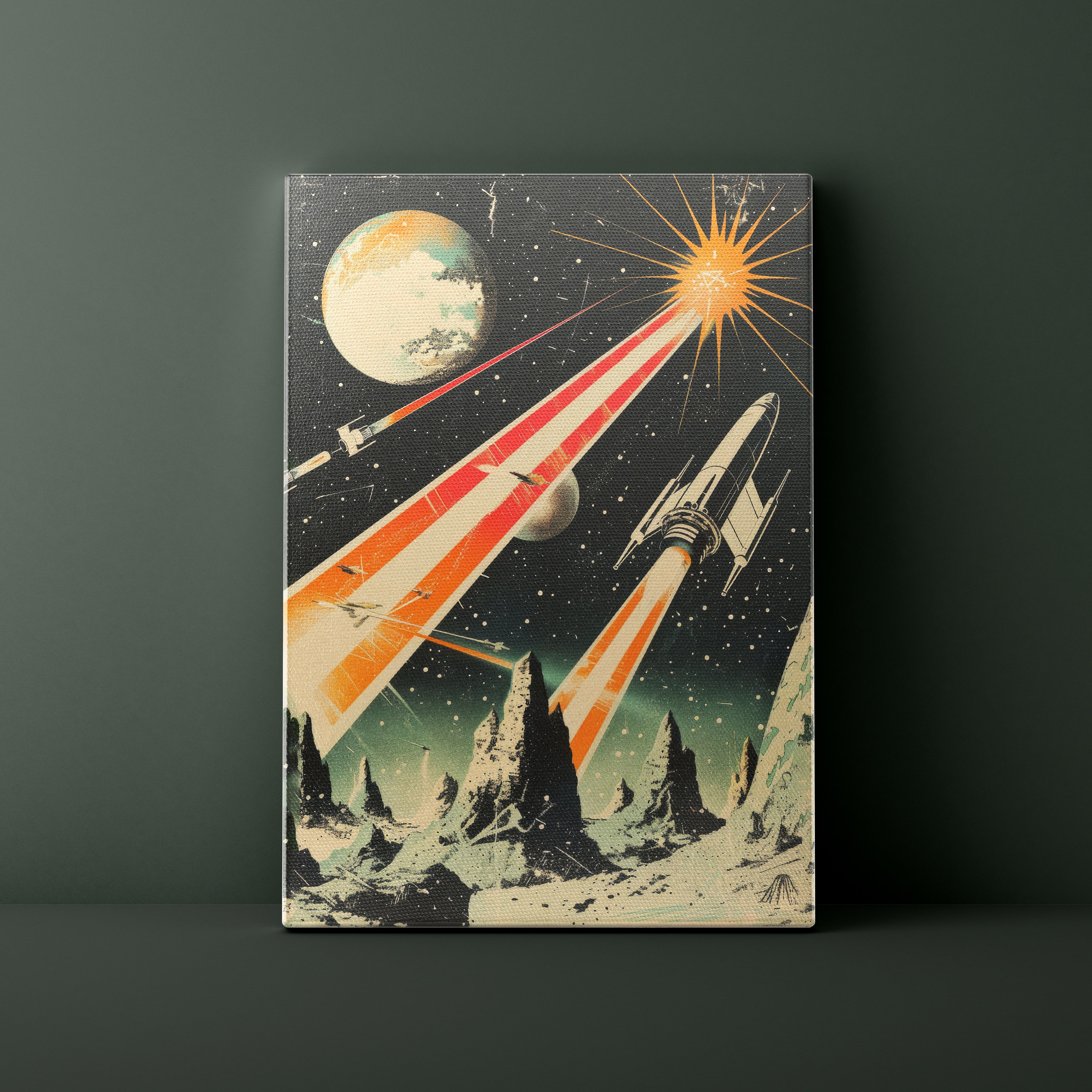 Canvas print of a retro-style space scene with rockets and planets on a dark background
