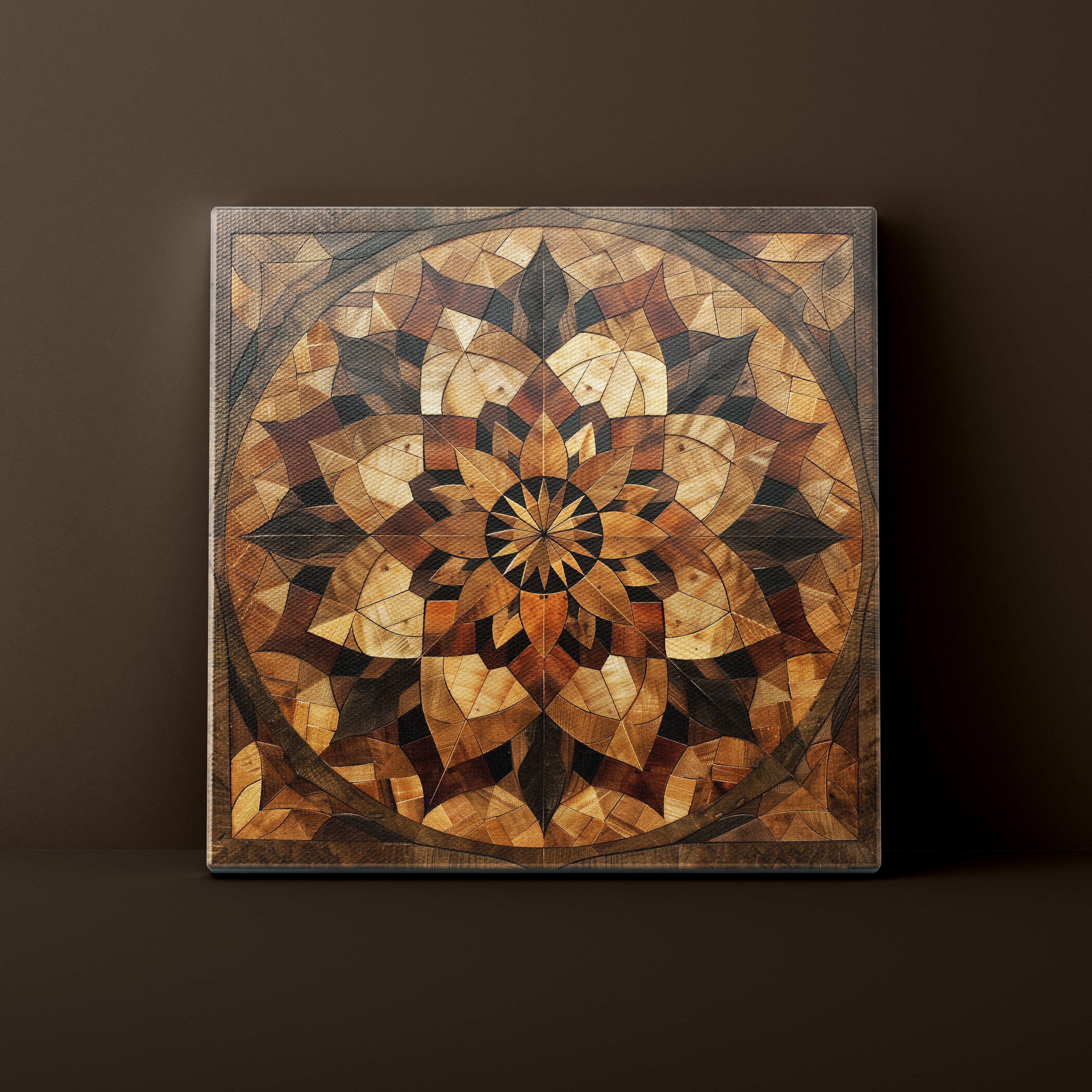 Wooden inlaid artwork with a geometric pattern on a dark brown background