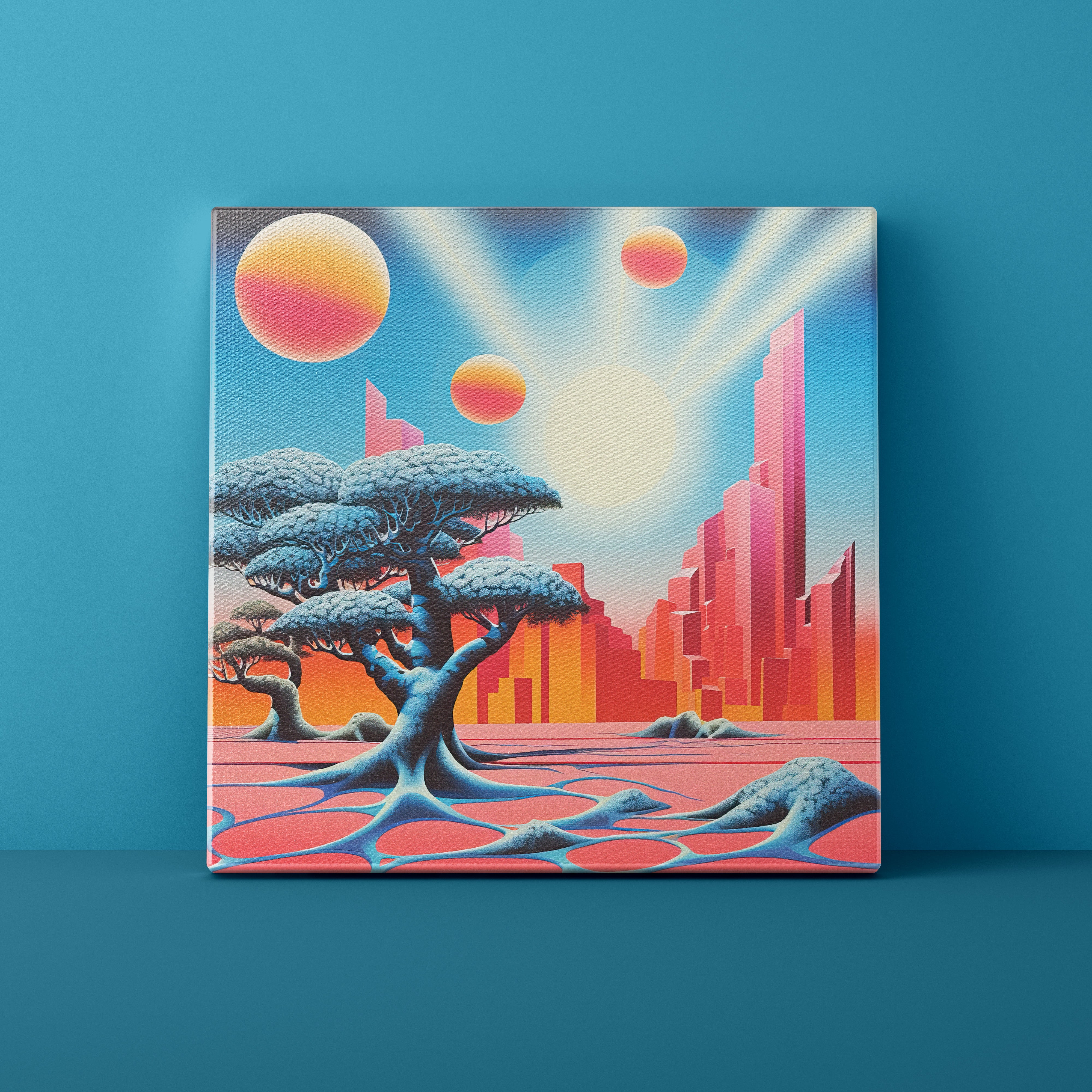 Canvas print of a futuristic landscape with trees and city buildings against a blue background