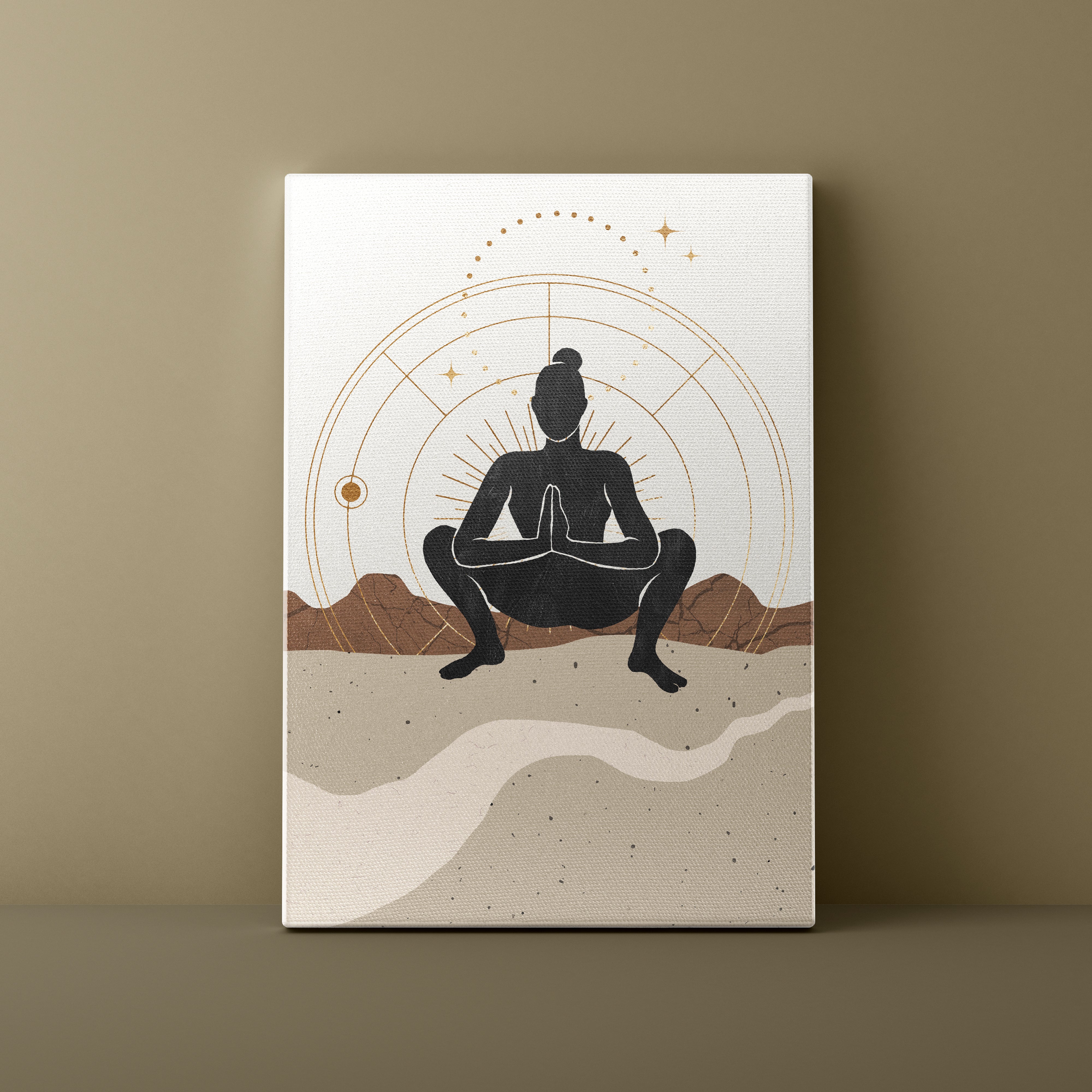 Canvas print with a silhouette of a person meditating against a desert landscape on a beige background