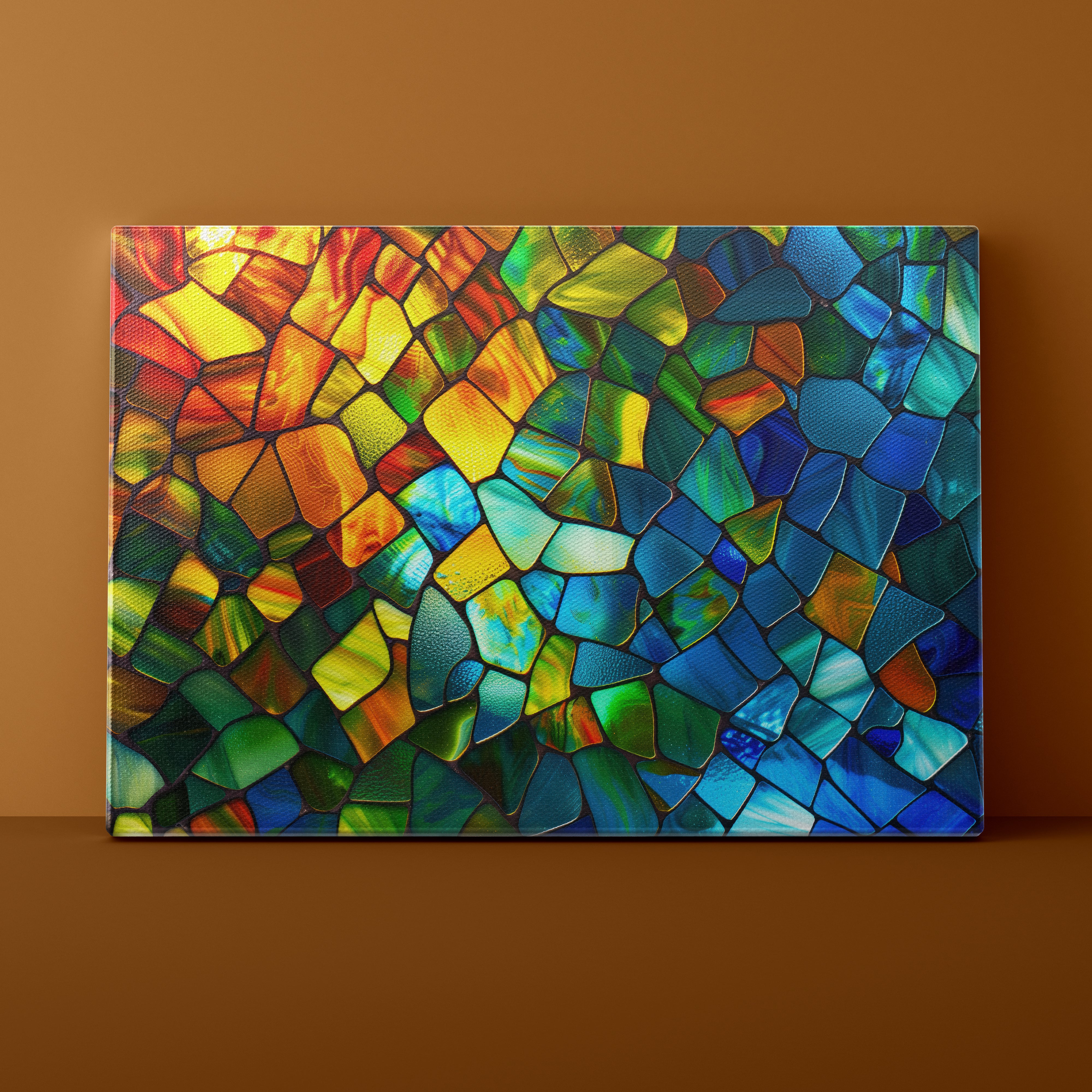 Colorful mosaic art piece on a brown wall