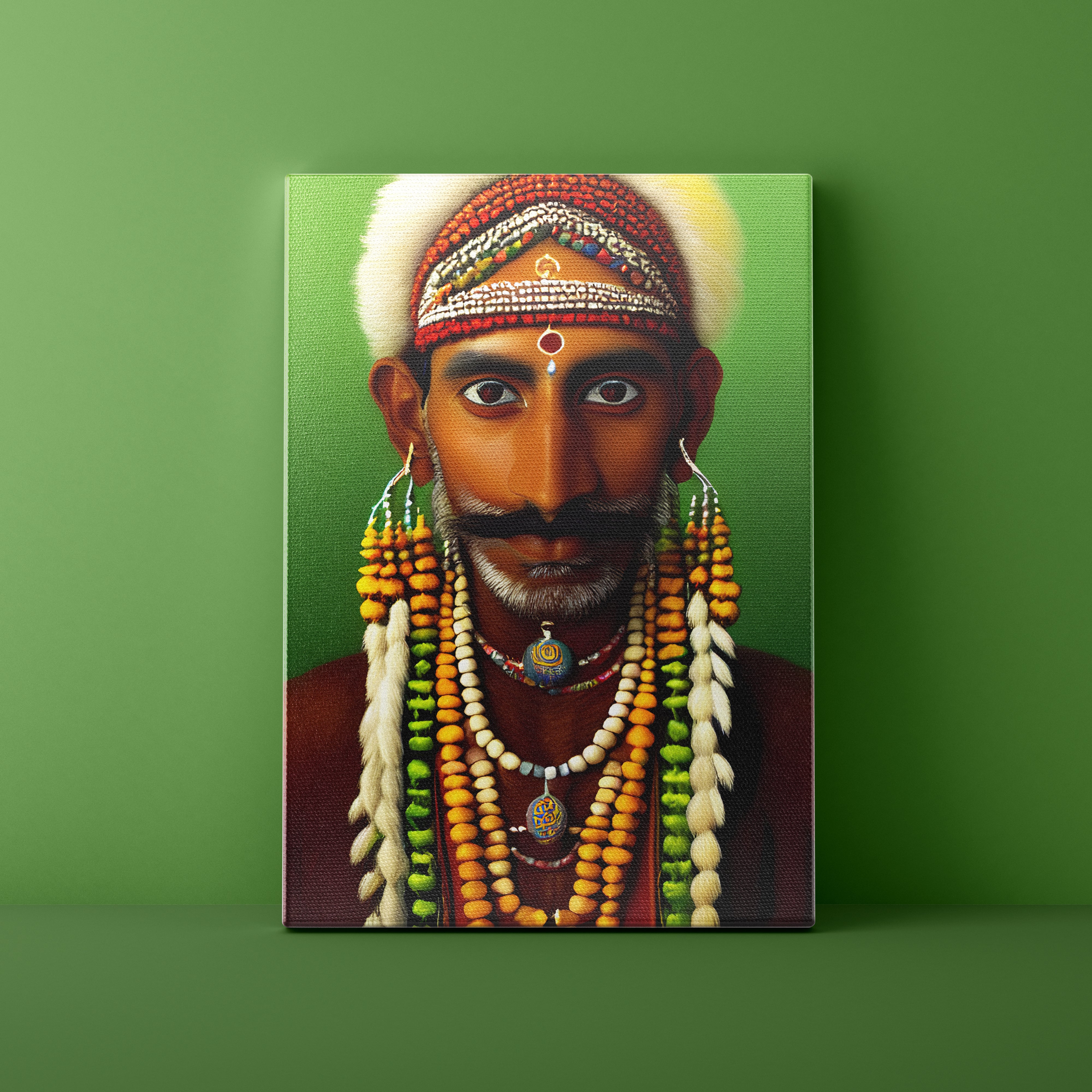 Canvas print of a person wearing traditional jewelry on a green background