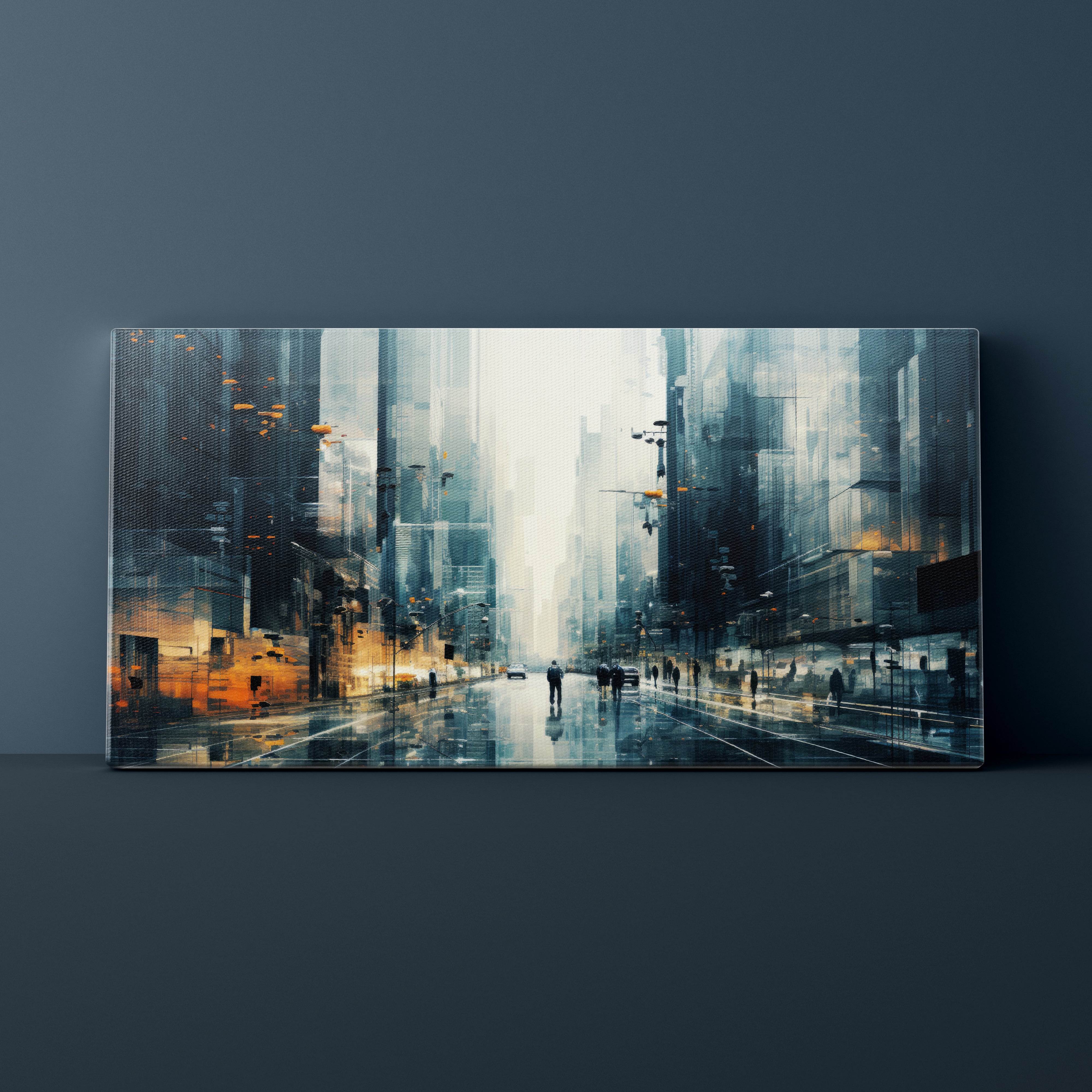 Abstract cityscape painting on a dark wall