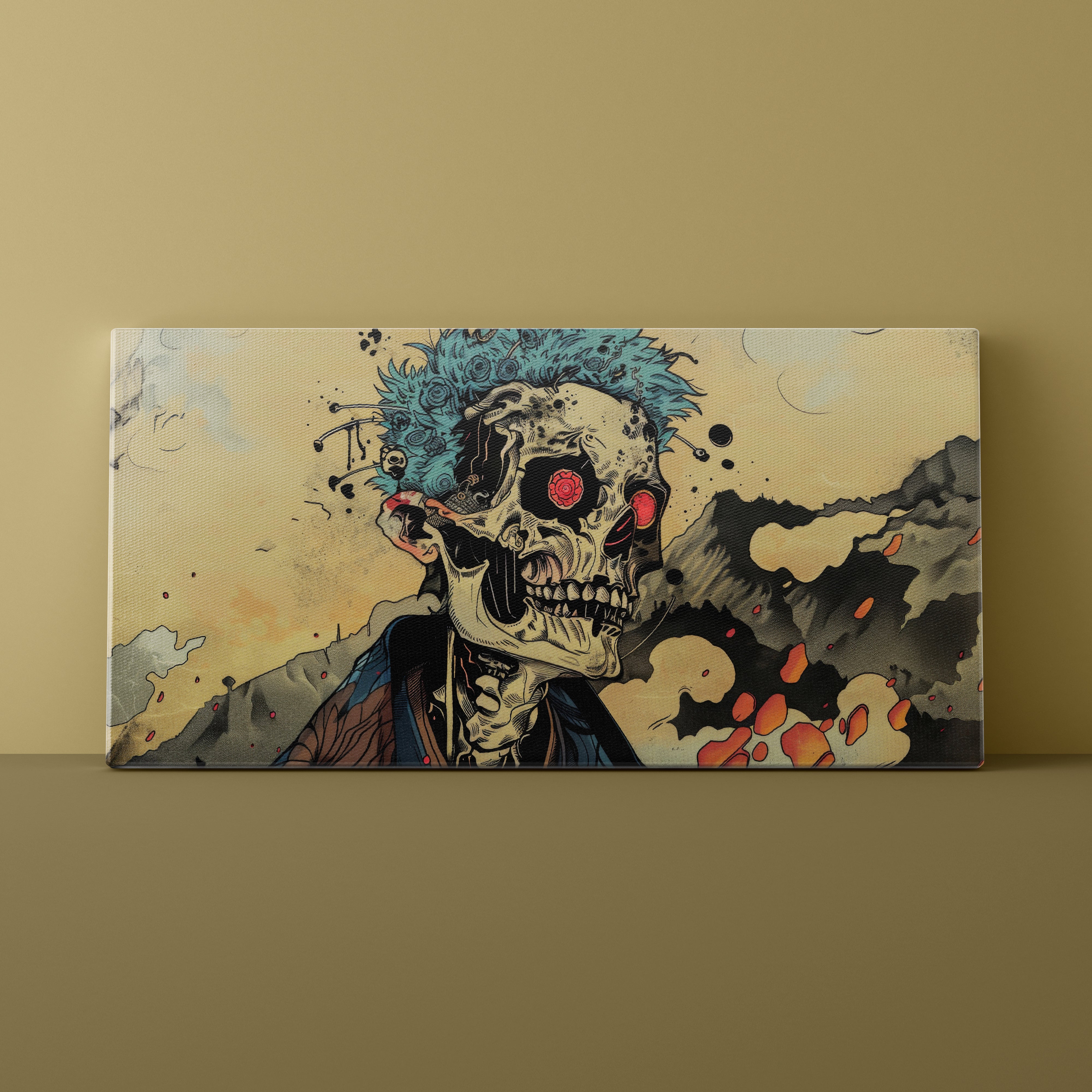 Canvas print with a stylized skull and blue hair on a beige wall