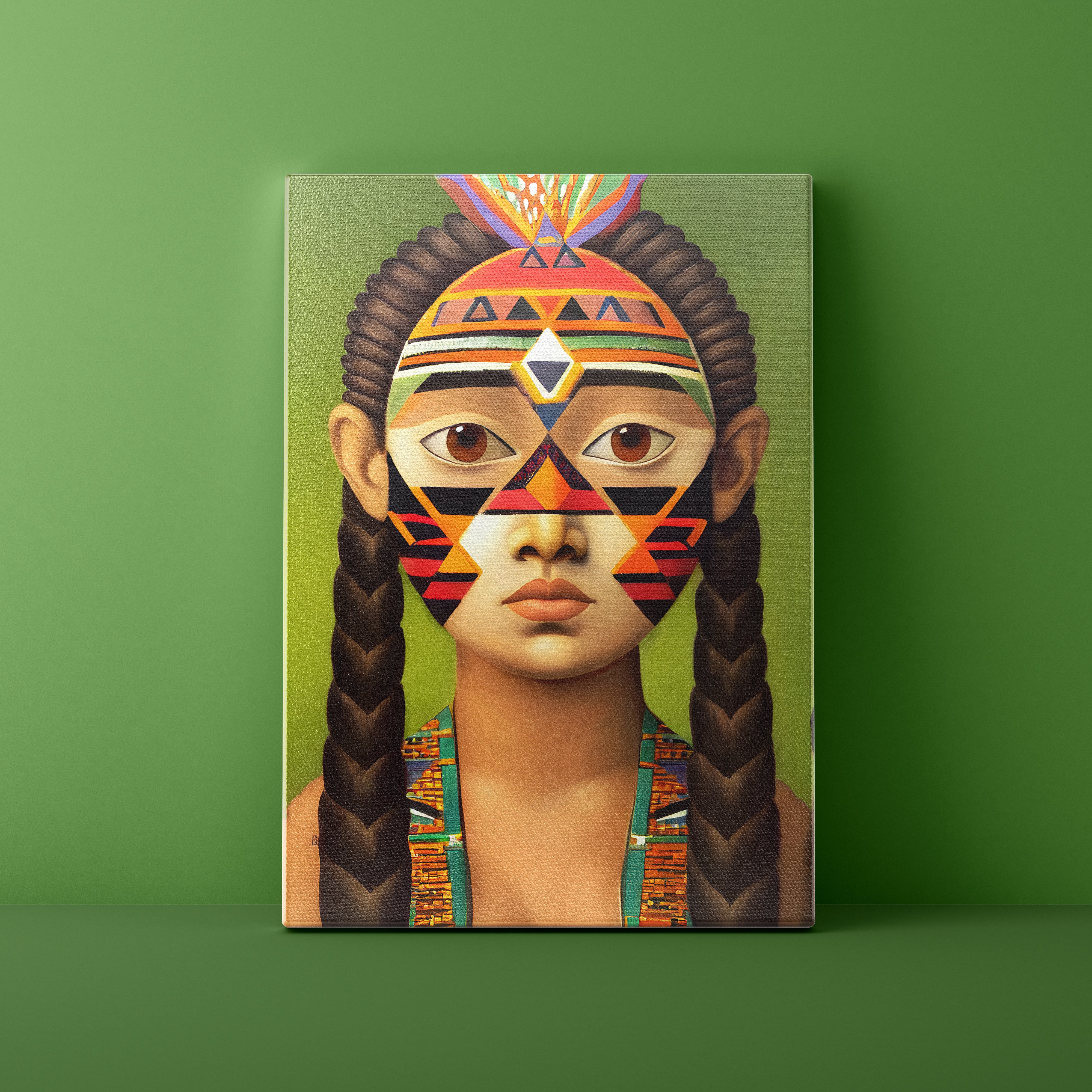 Canvas print of a stylized portrait with geometric patterns on a green background