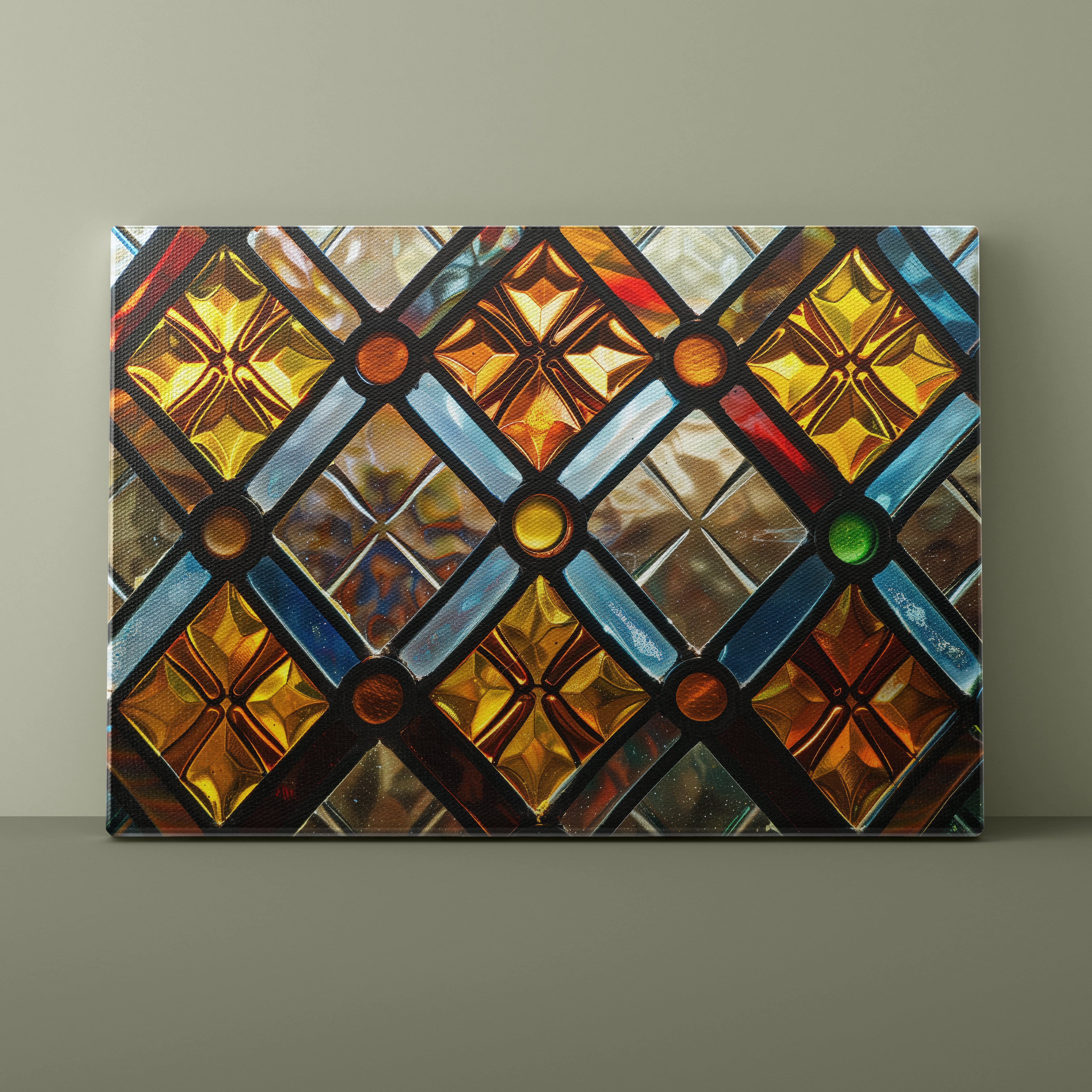 Stained glass panel with geometric pattern on a plain background