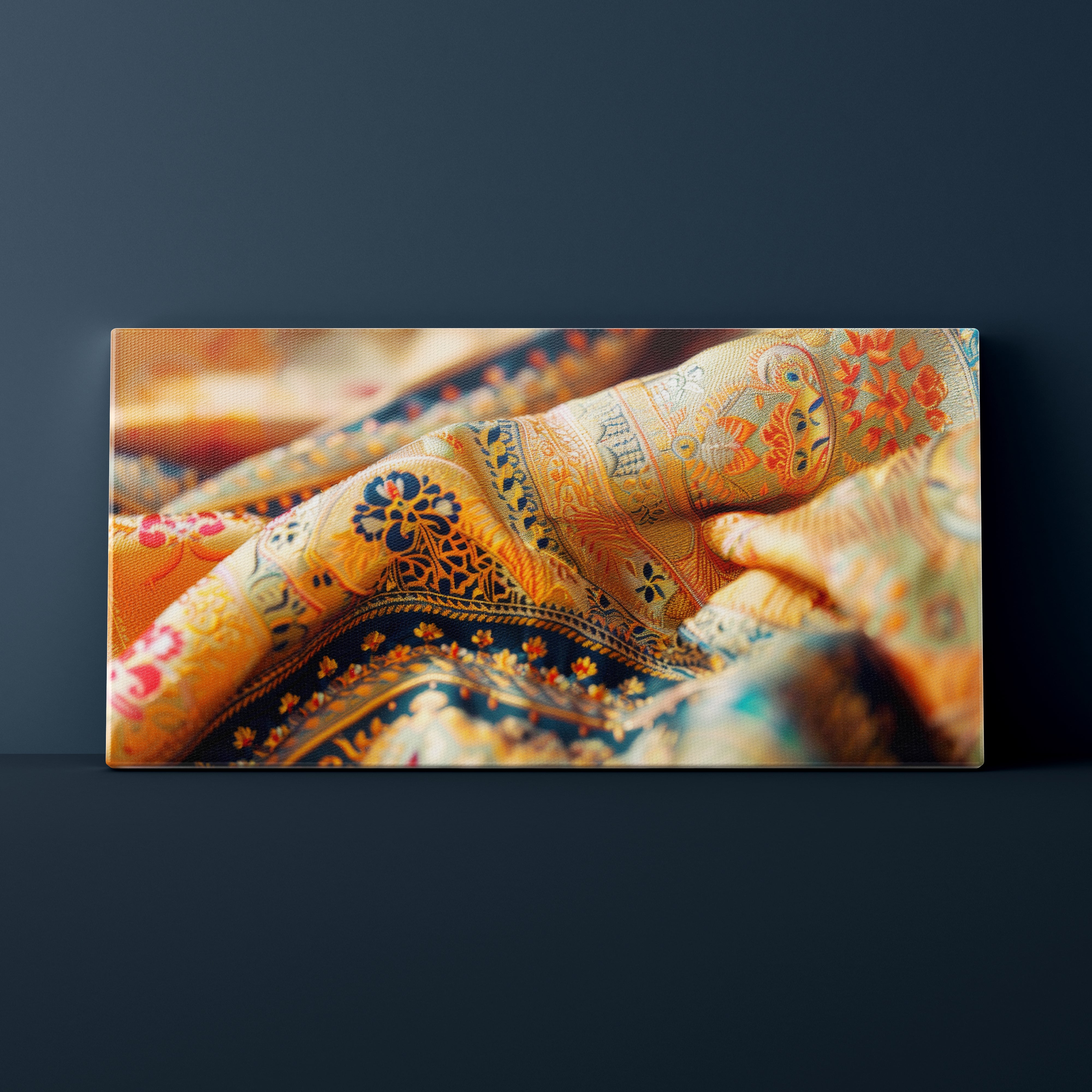 Close-up of a colorful fabric with intricate patterns on a dark background