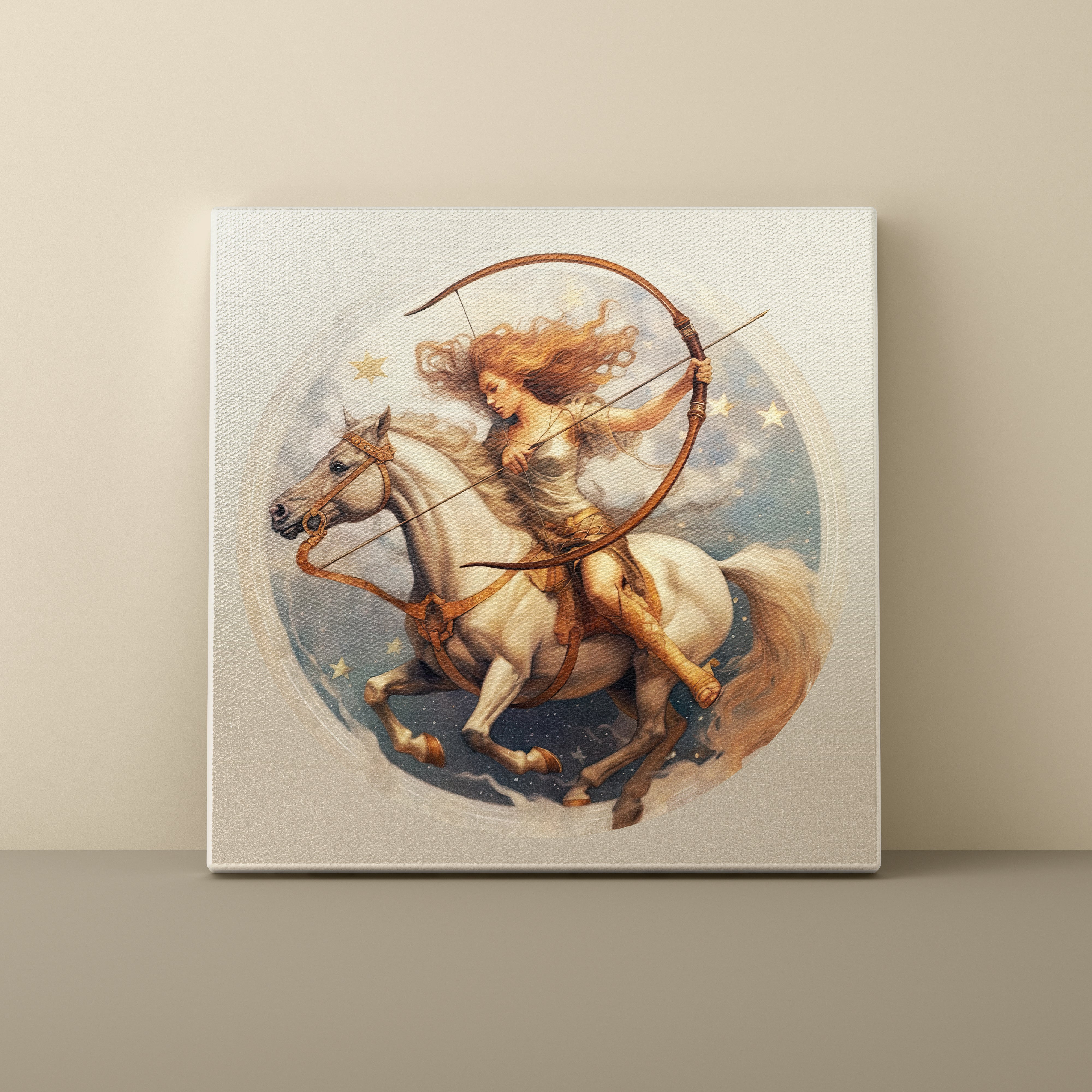Canvas print of a woman on horseback with a bow against a beige background