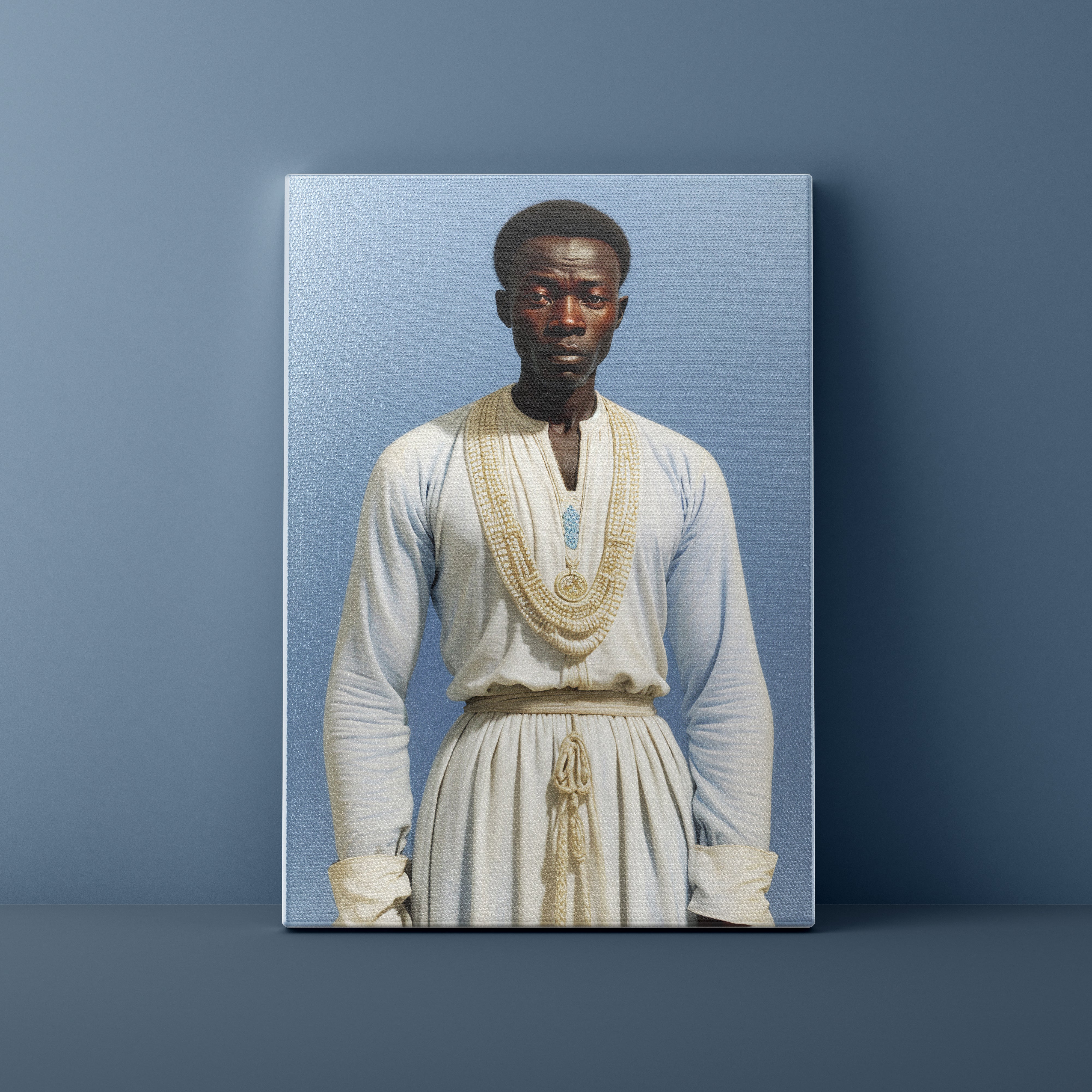 Canvas print of a person wearing a historical outfit against a blue background