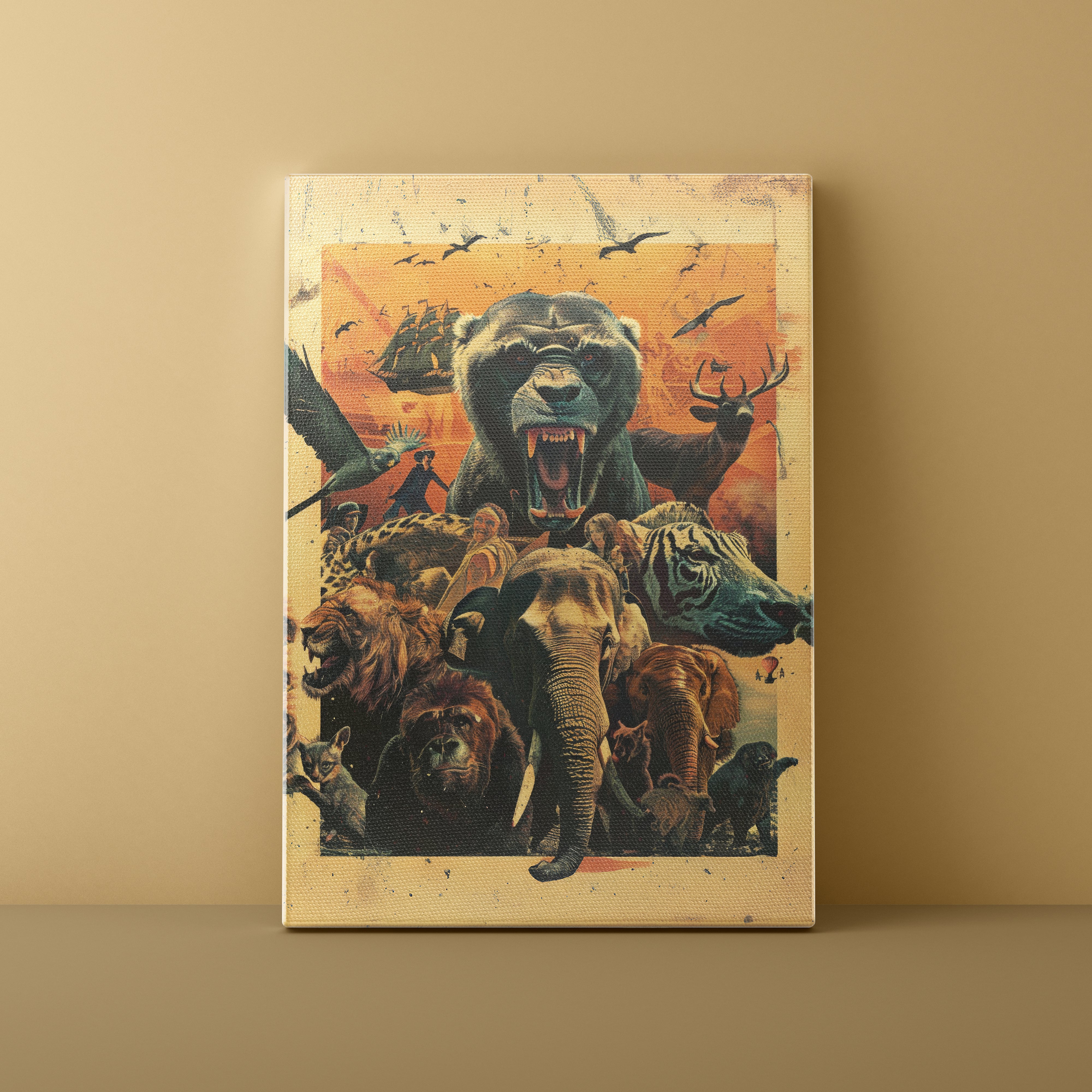 Canvas print with a collage of animals on a beige wall