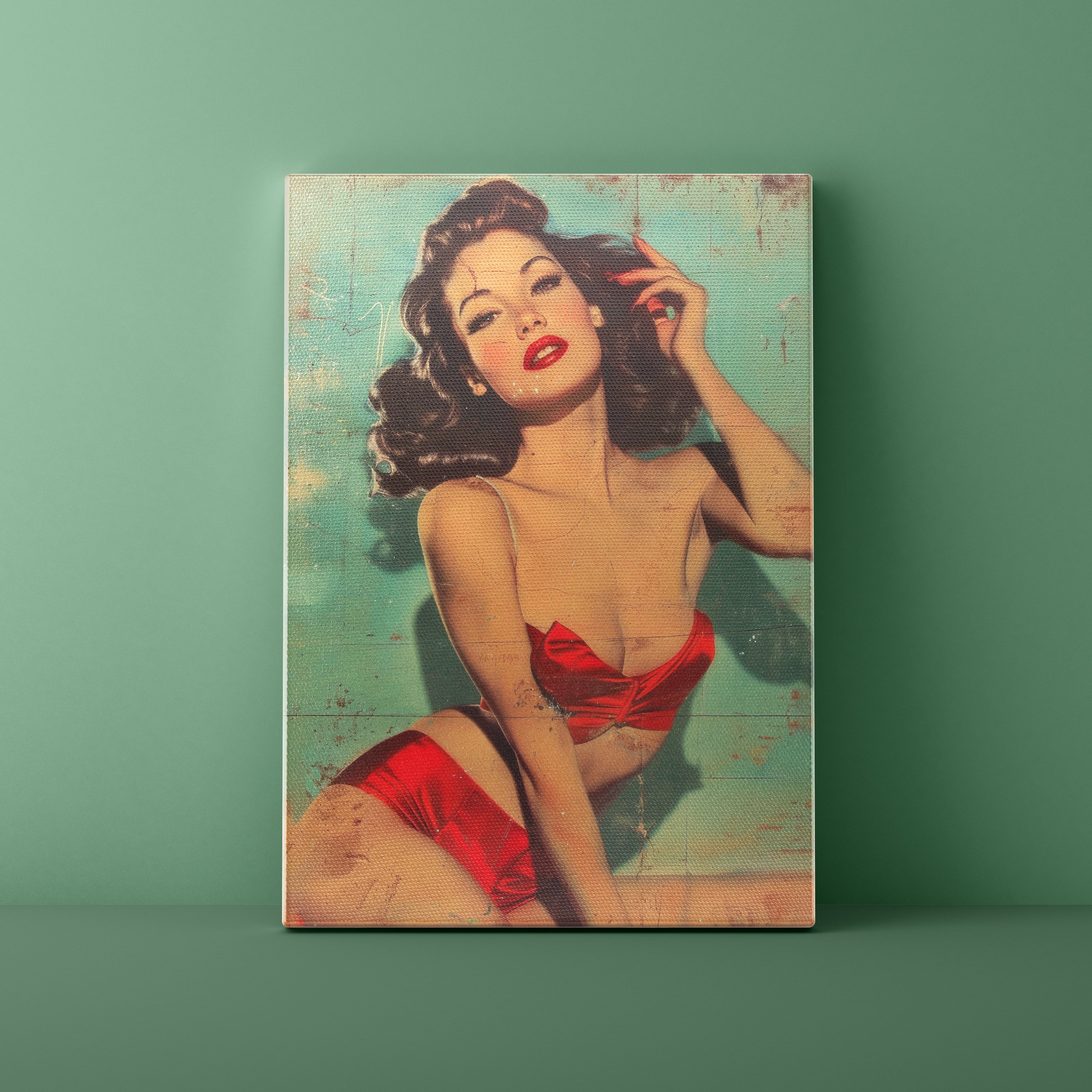 Vintage-style poster of a woman in a red bikini against a green background