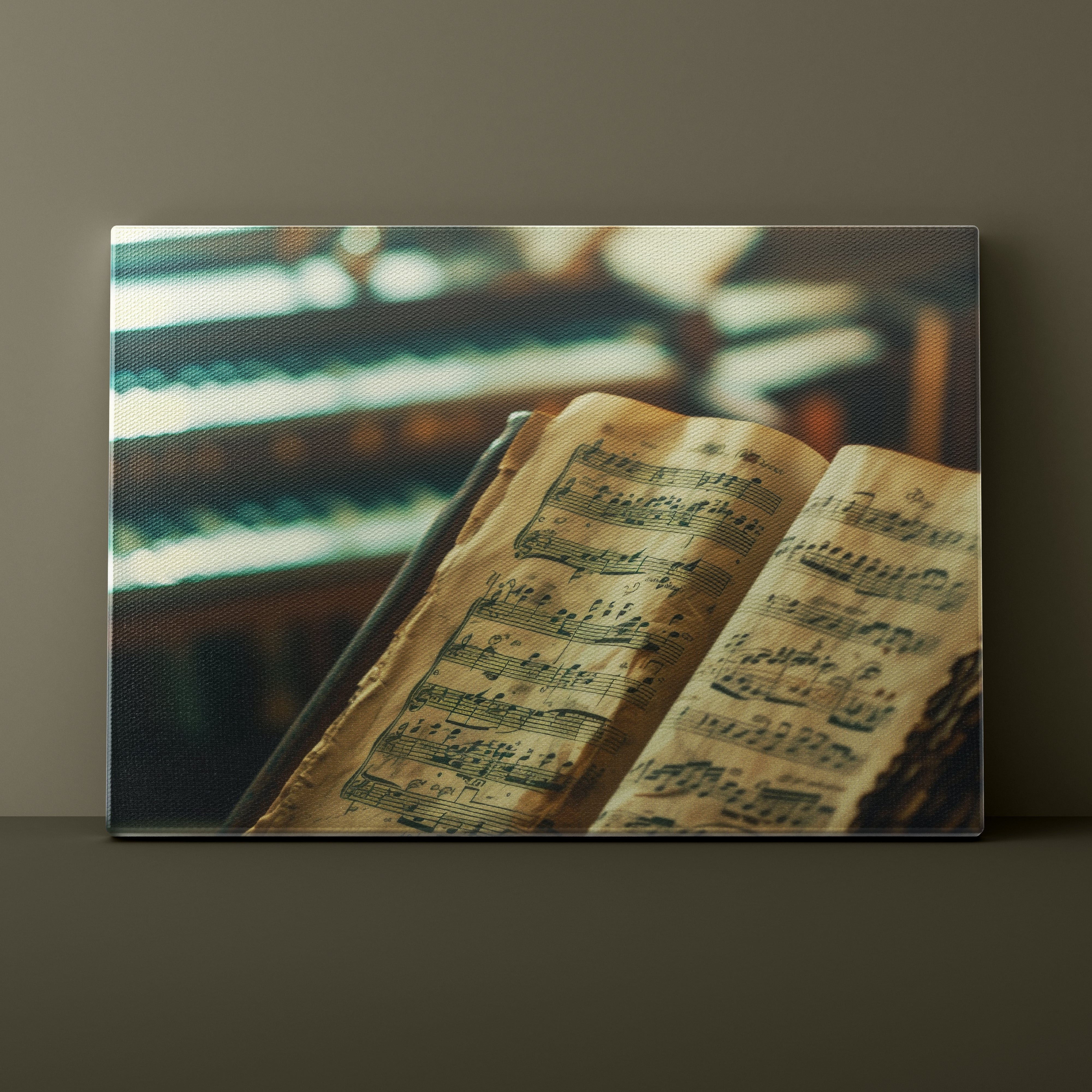 Open sheet music book on a piano with a blurred background