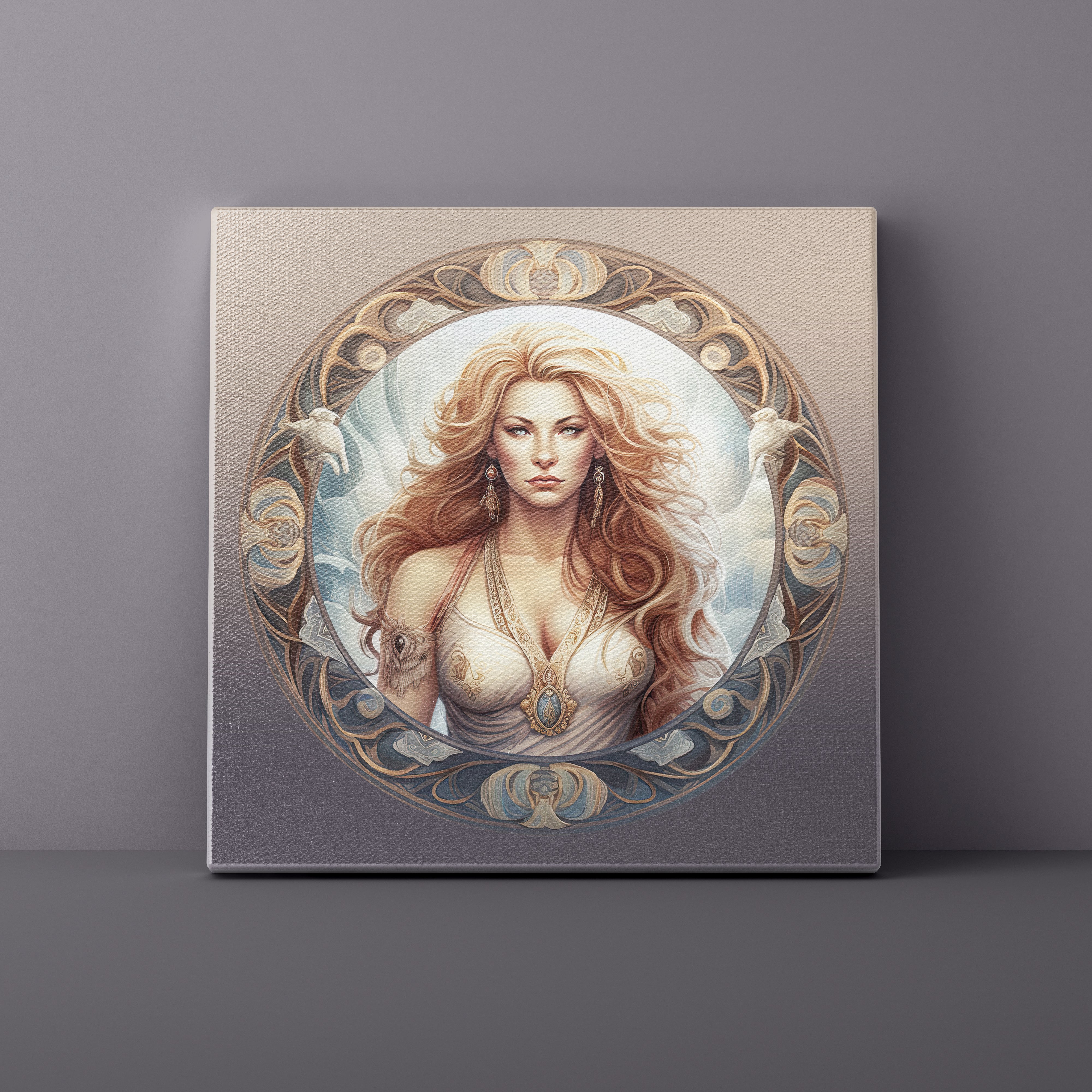 Canvas print of a stylized portrait with decorative frame on a gray background