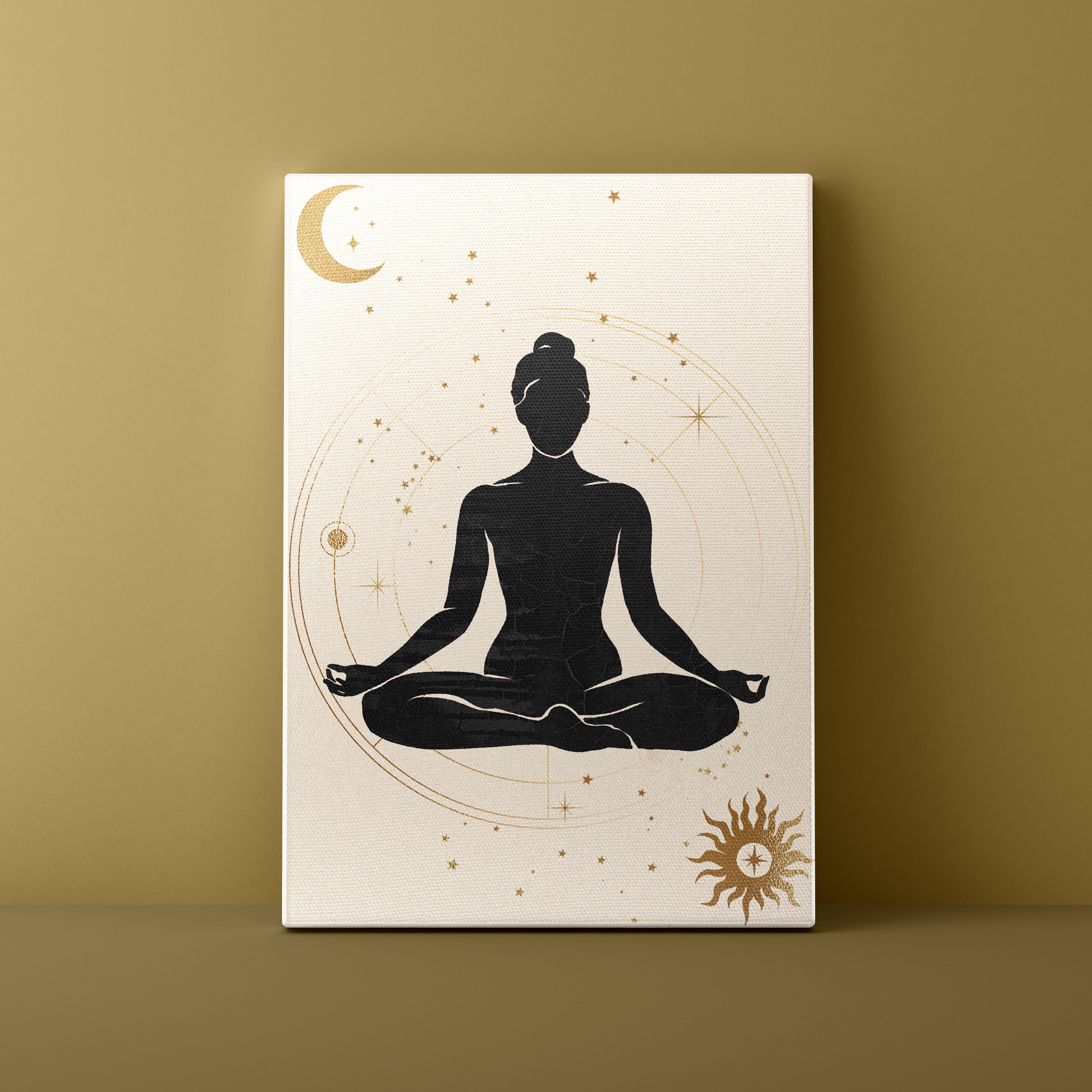 Canvas print with a silhouette of a meditating person, celestial symbols, and a beige background.