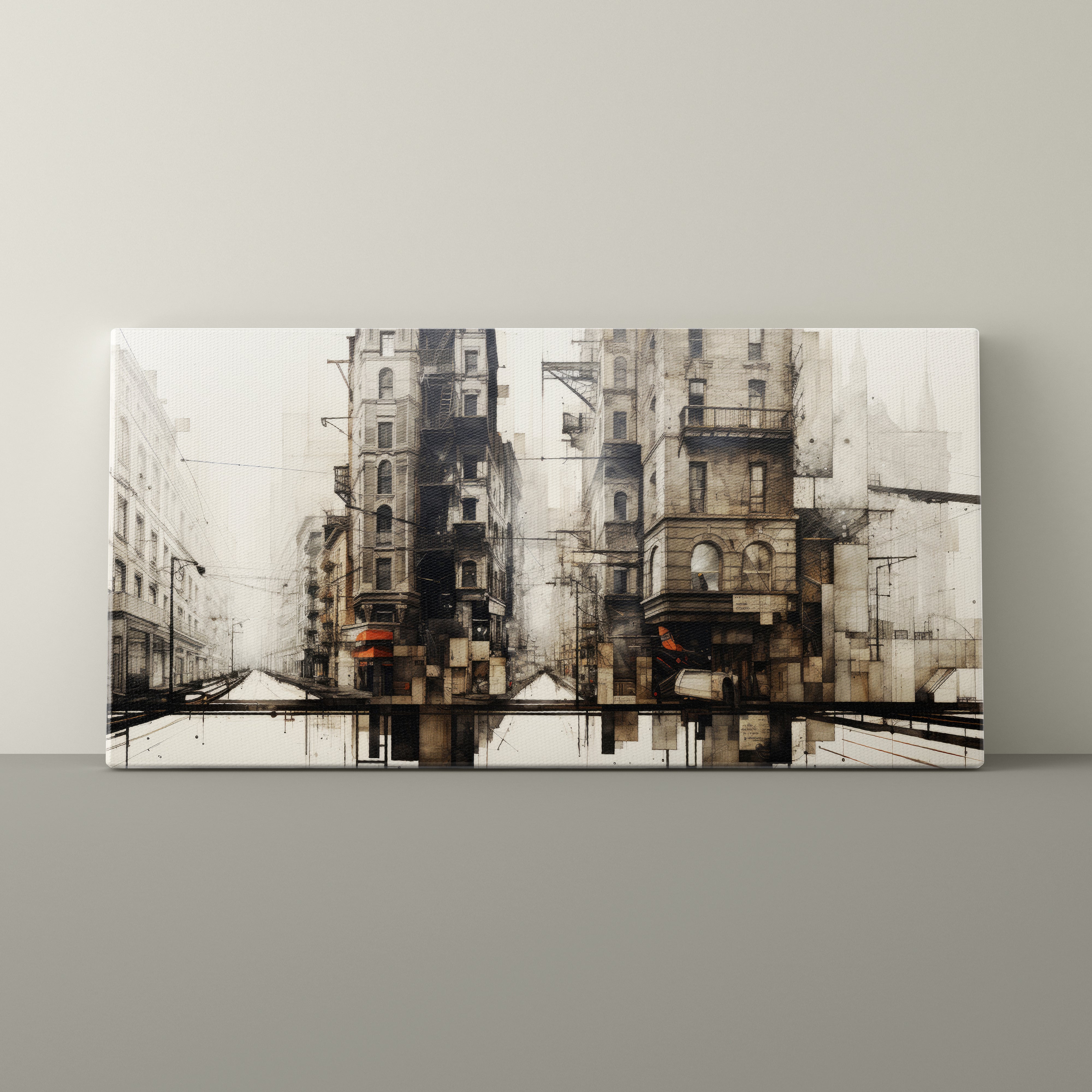 Abstract cityscape painting on a gray wall