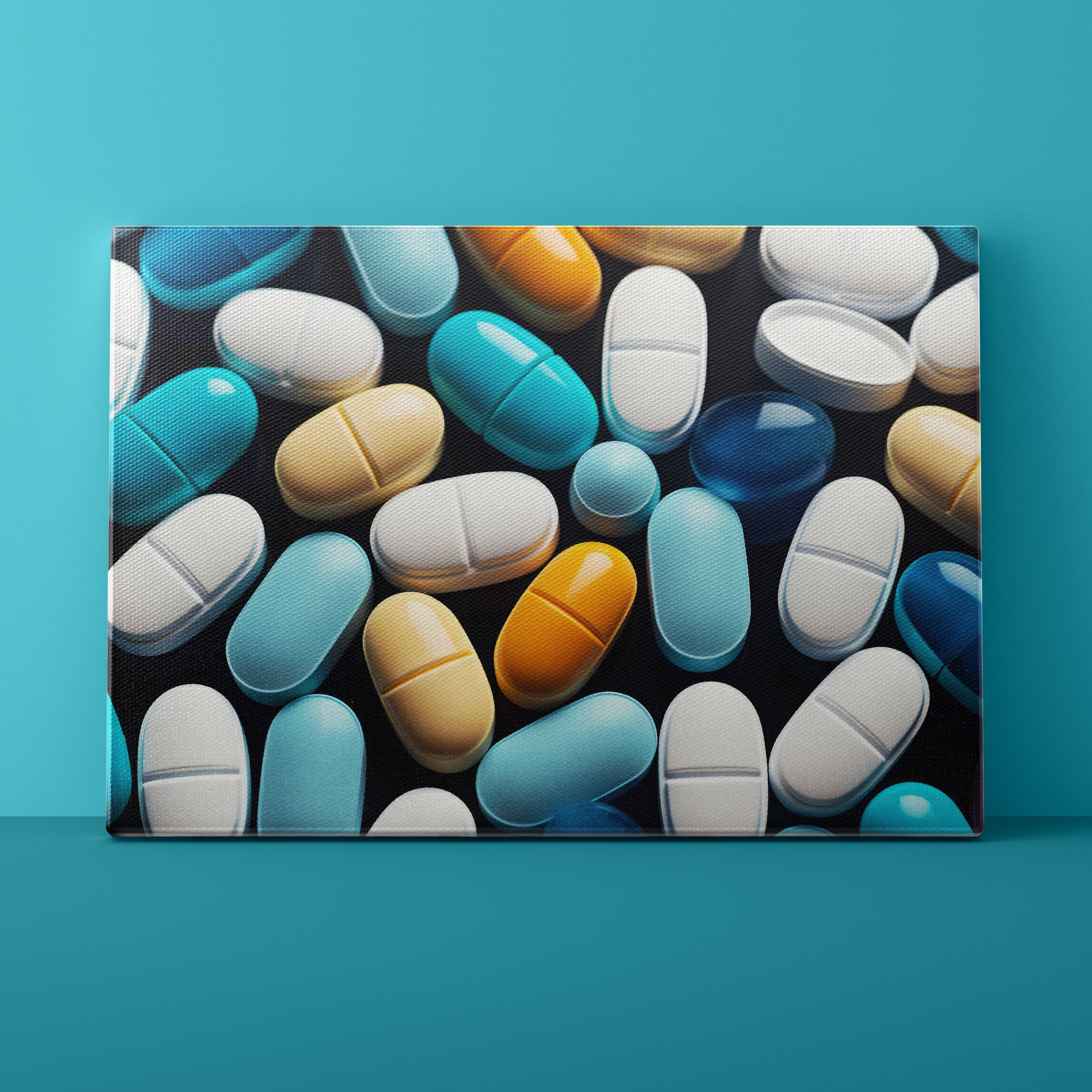 Colorful assortment of pills on a black background with a blue border