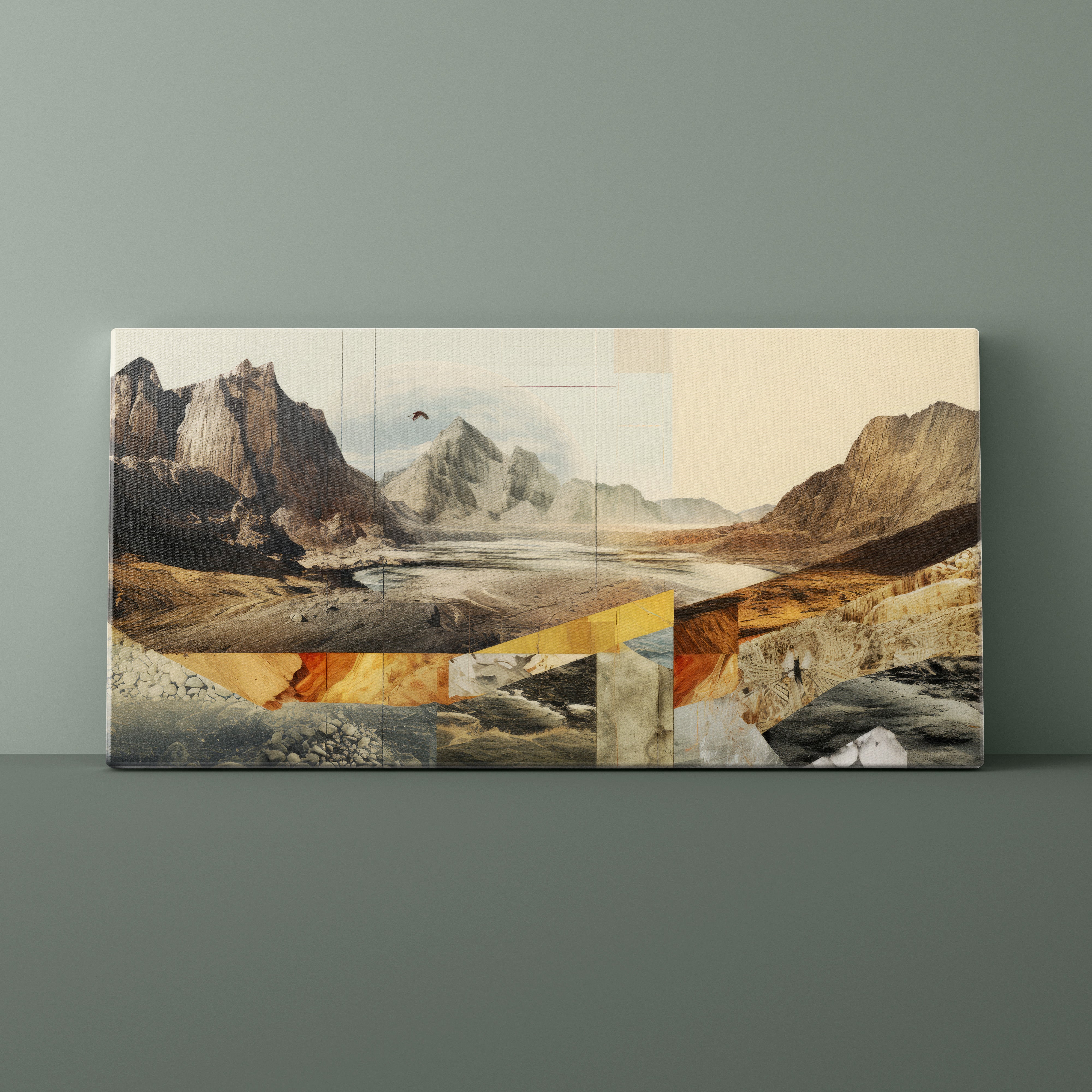 Collage of mountain landscapes on a gray wall