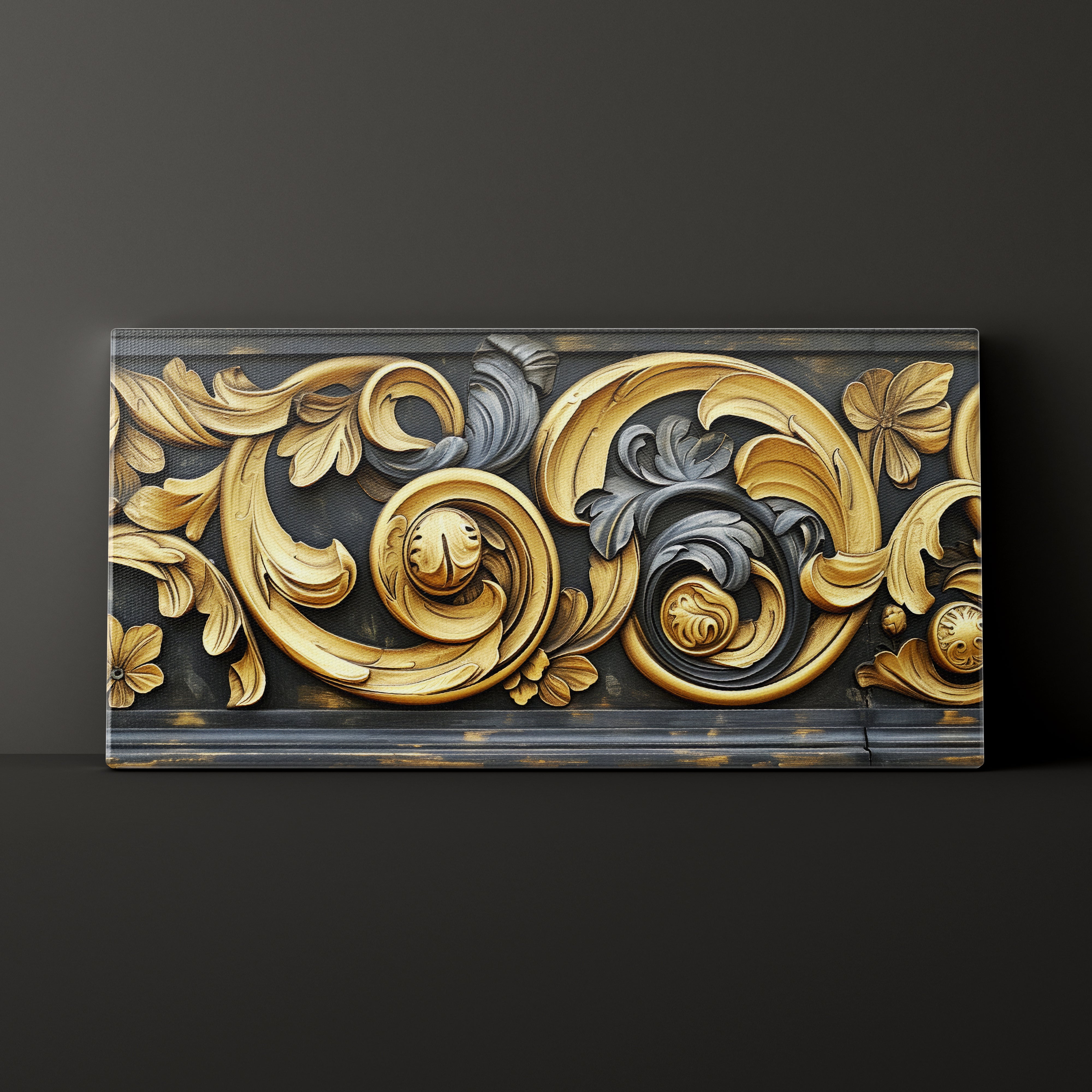 Decorative panel with intricate gold and silver patterns on a dark background