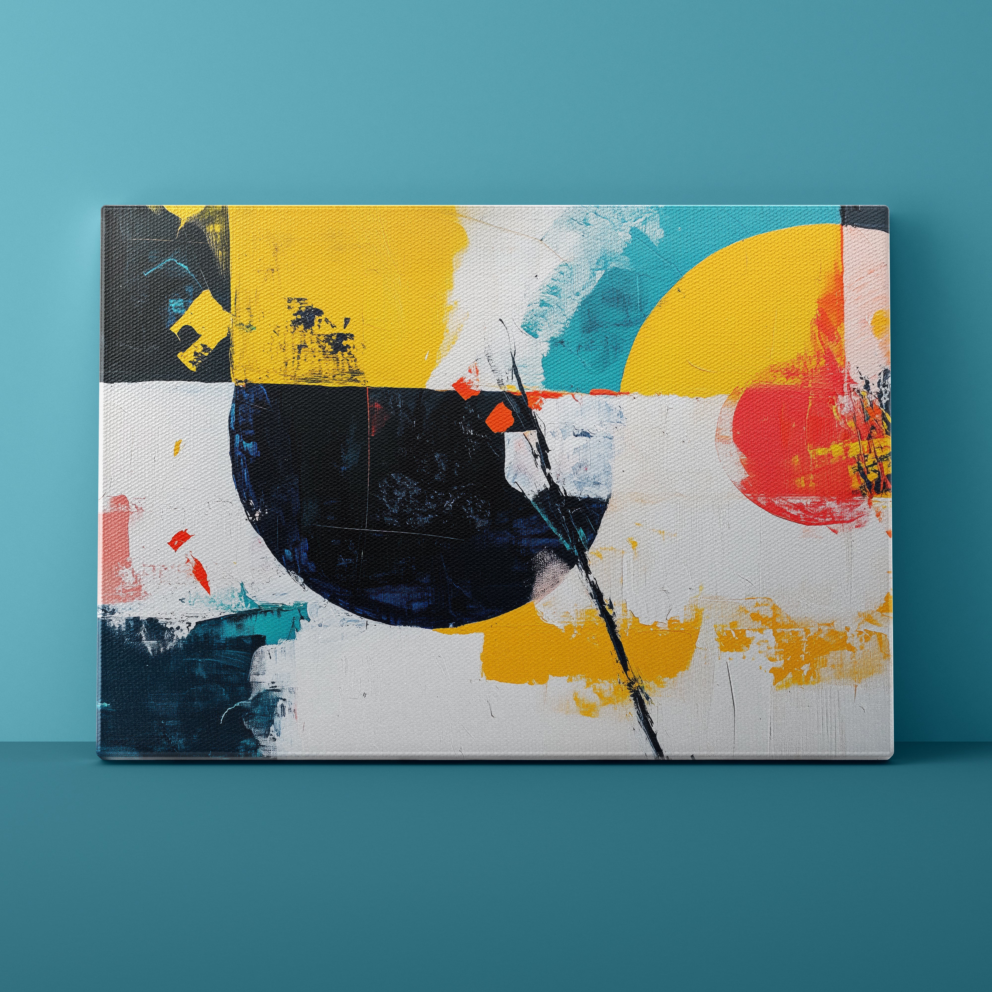 Abstract art canvas with geometric shapes on a teal background