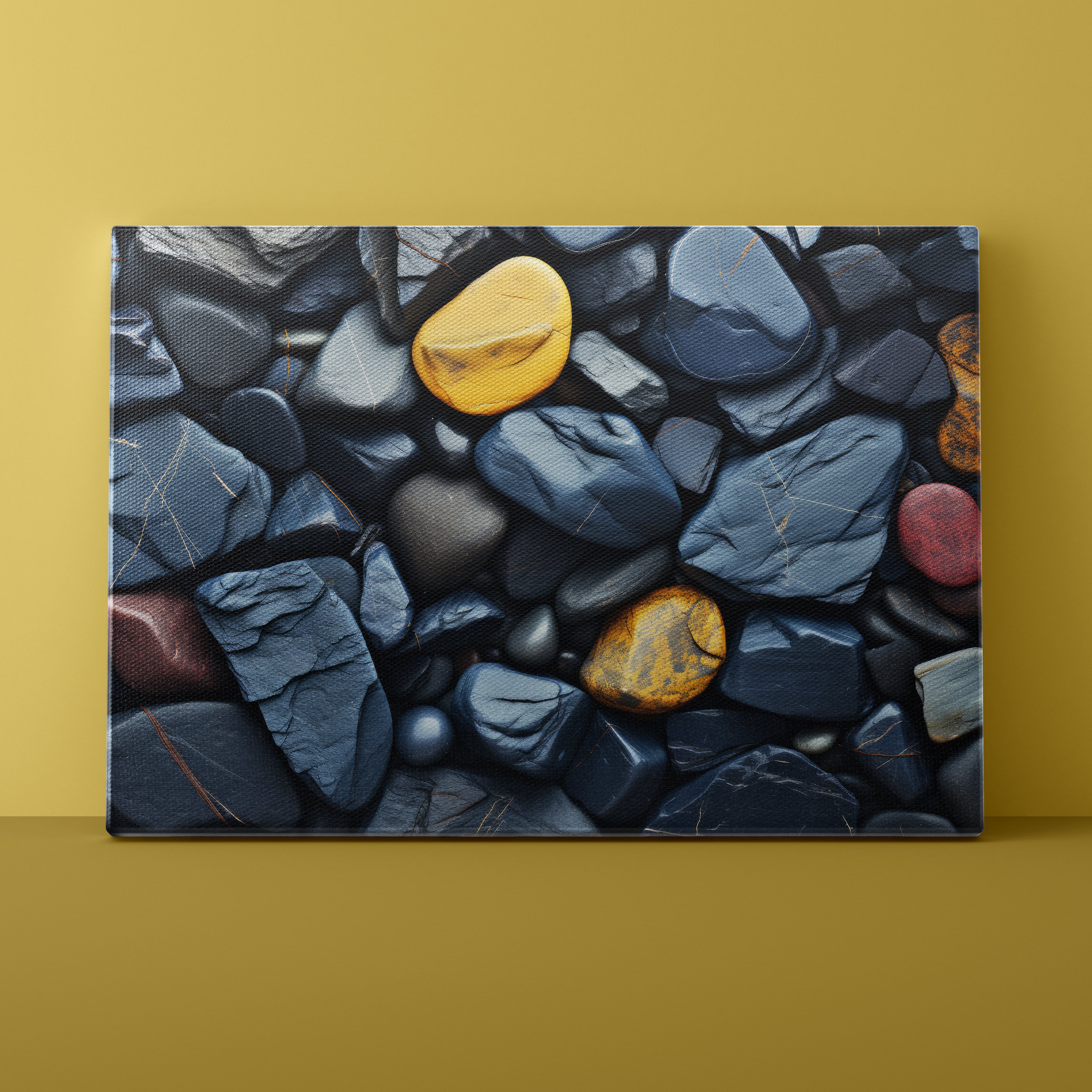 Canvas print of pebbles with a yellow stone on a mustard yellow background