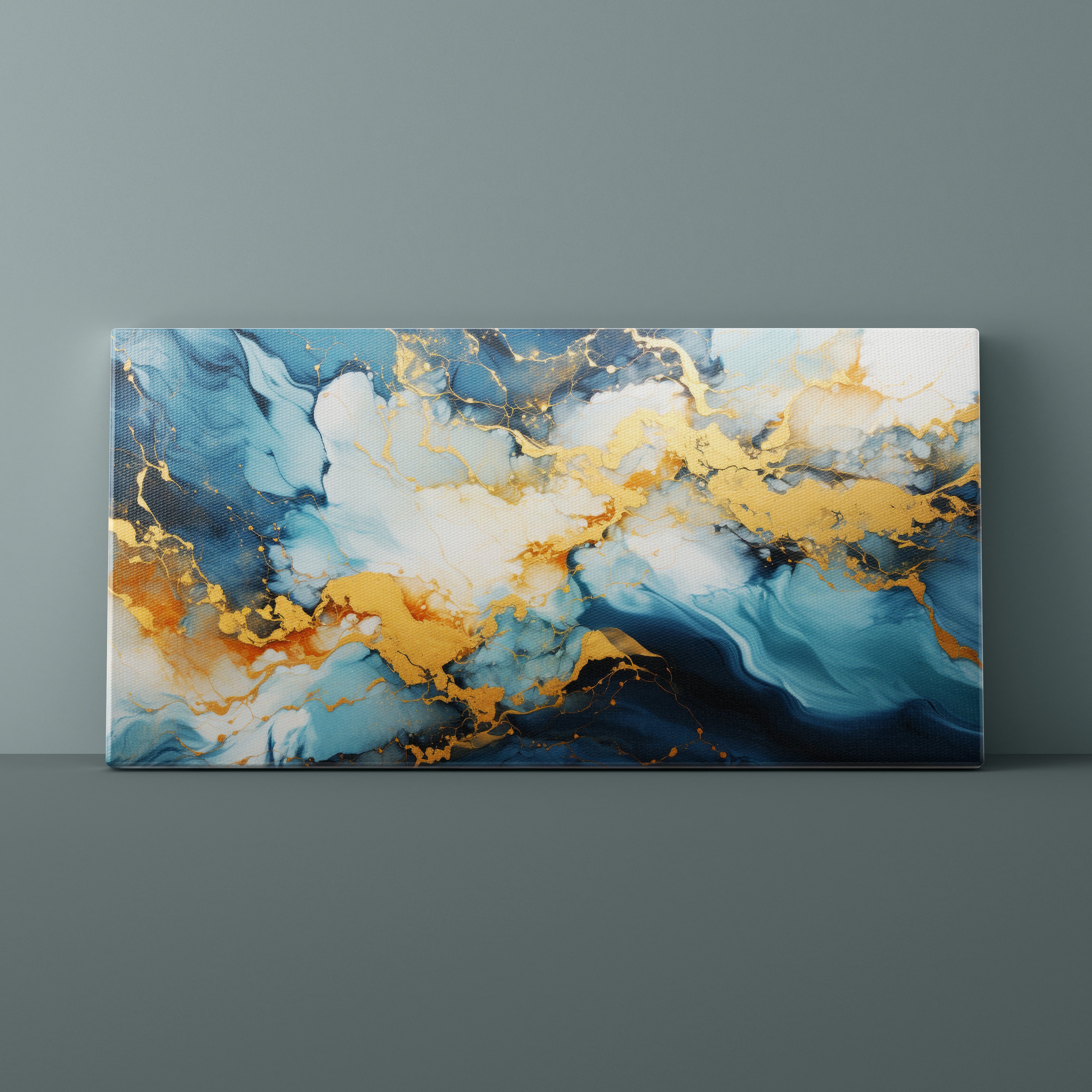 Abstract art canvas with blue, gold, and white colors on a gray background